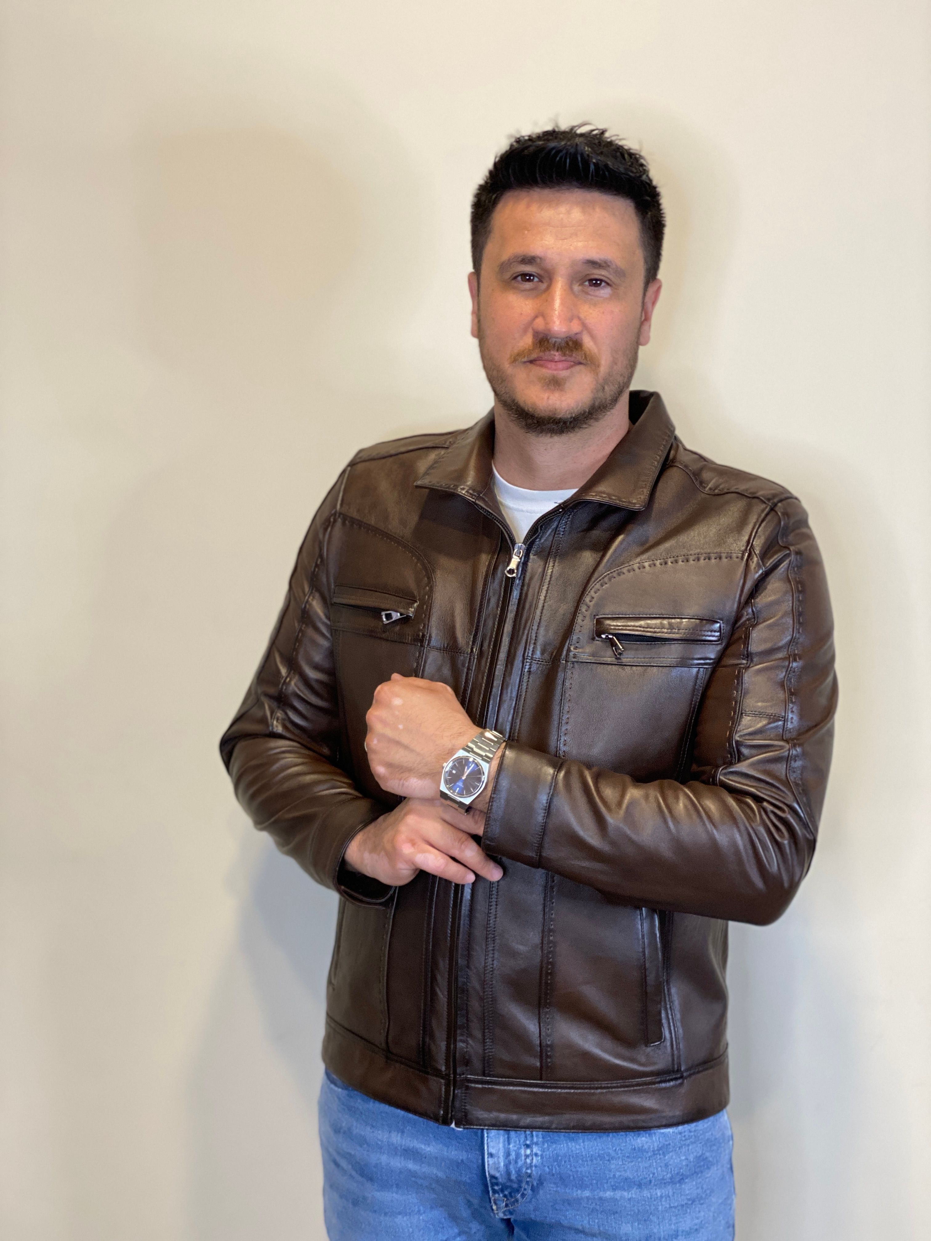 Hakiki Deri M-23 Kahverengi Deri Mont Fermuar Detaylı Deri Ceket
