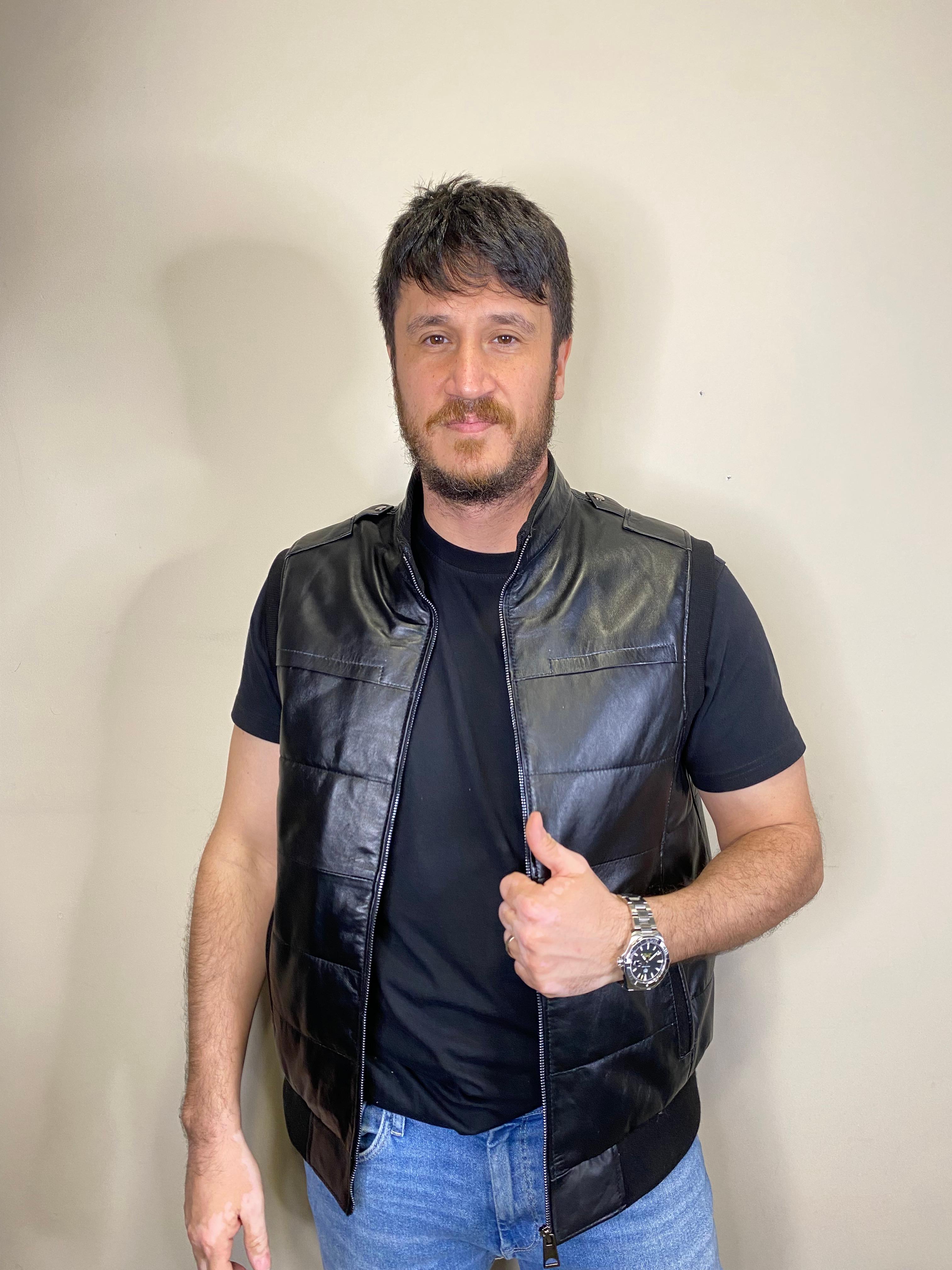 Hakiki Deri Şişme Triko Siyah Yelek