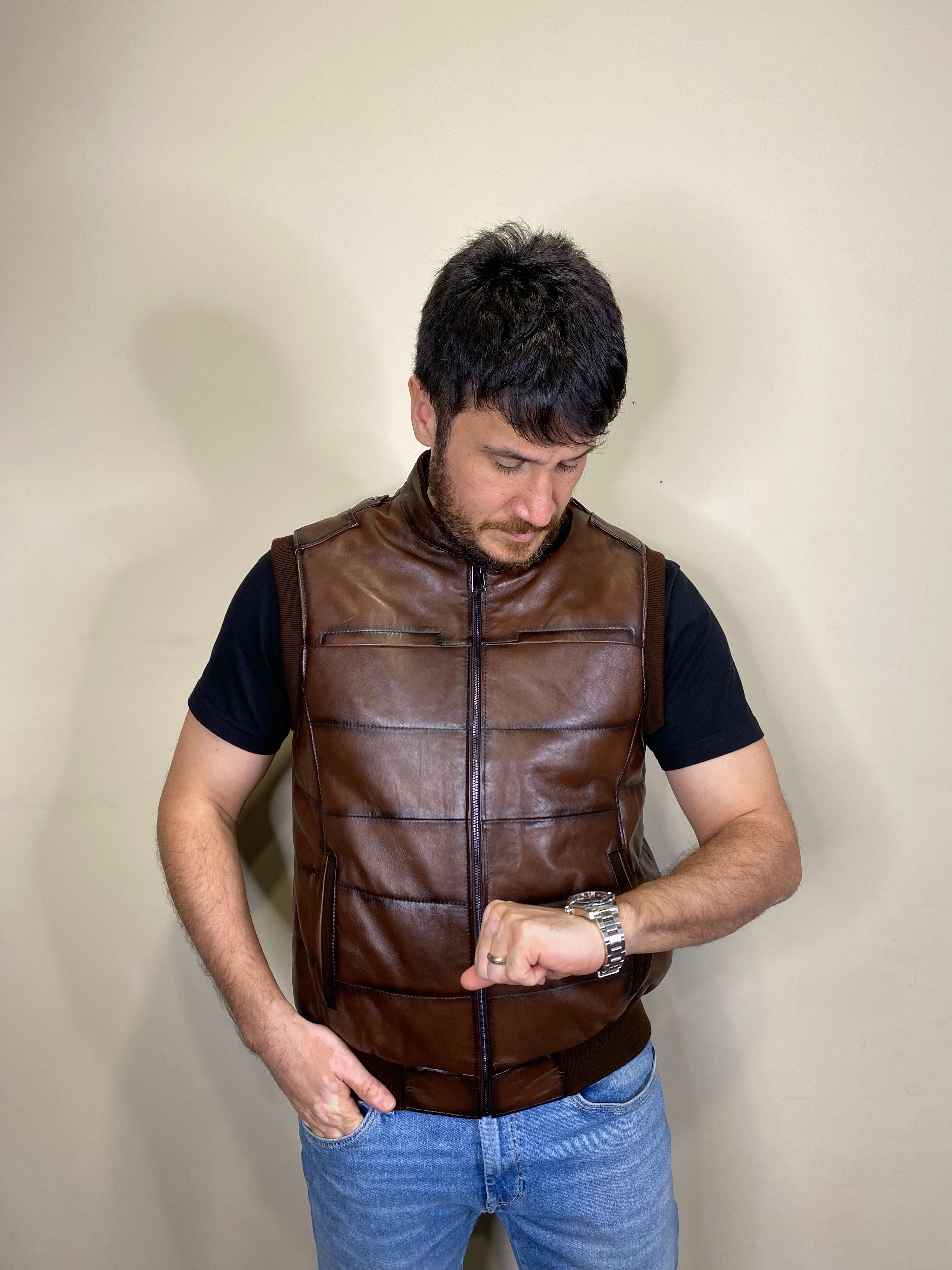 Hakiki Deri Şişme Triko Kahverengi Yelek 