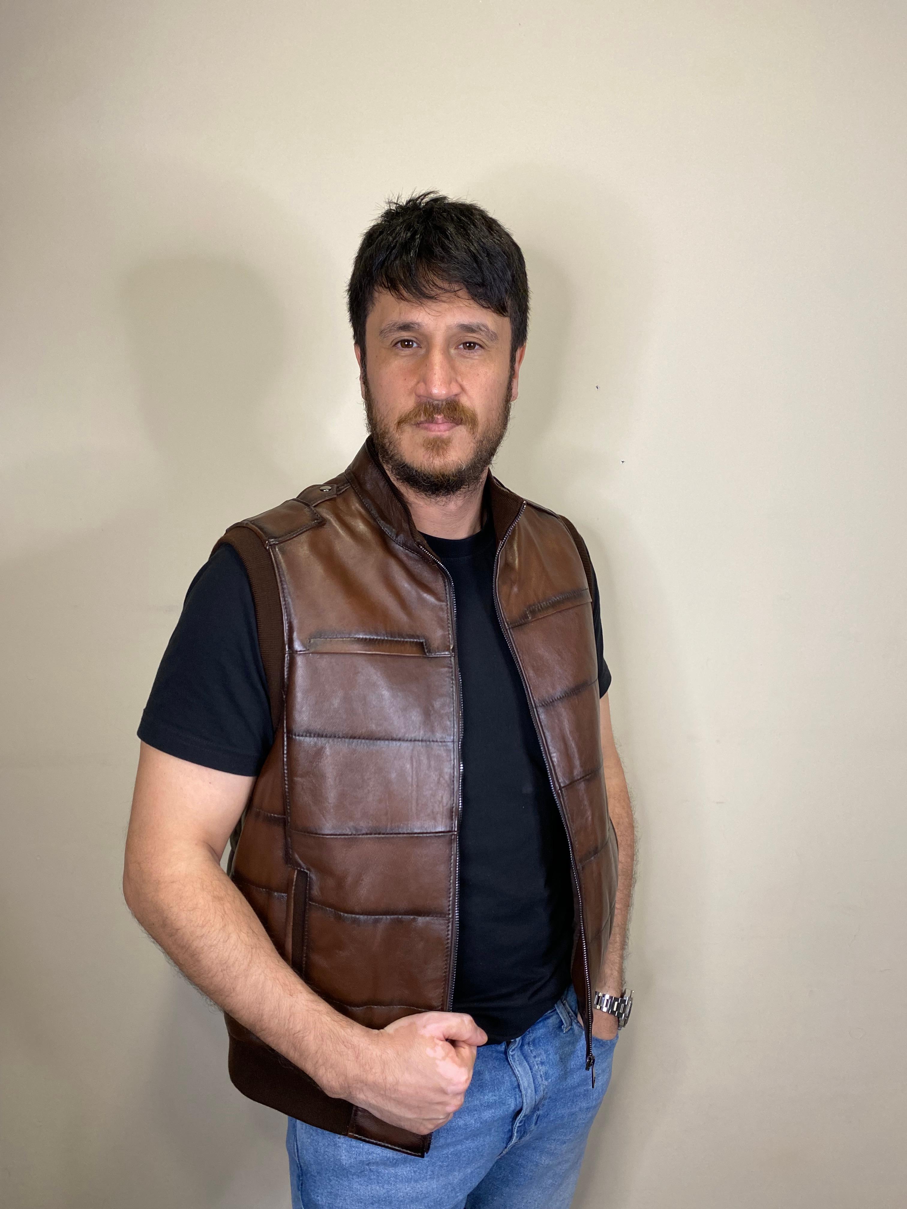 Hakiki Deri Şişme Triko Kahverengi Yelek 