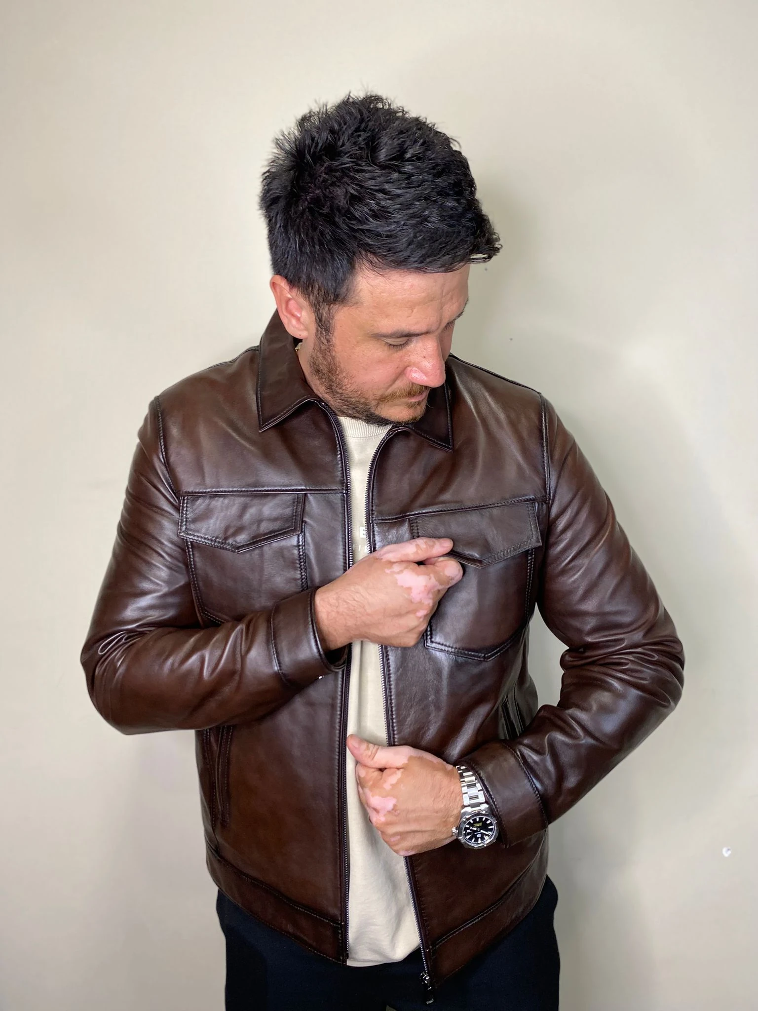 L-501 Model Hakiki Deri Kahverengi Fermuar Detaylı Deri Mont Erkek Deri Ceket