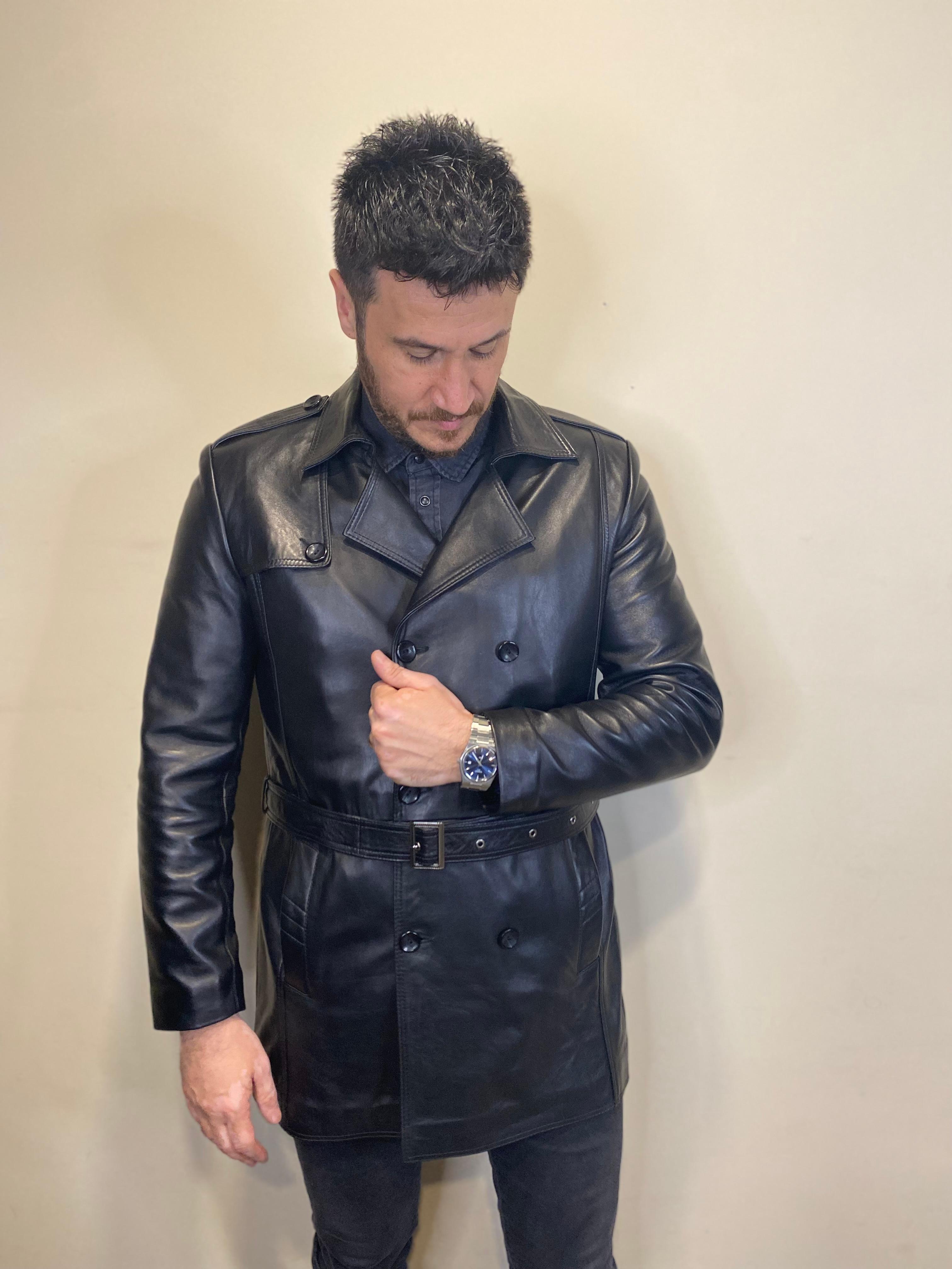Hakiki Deri Siyah Deri Trençkot Kemer Detaylı Deri Ceket 