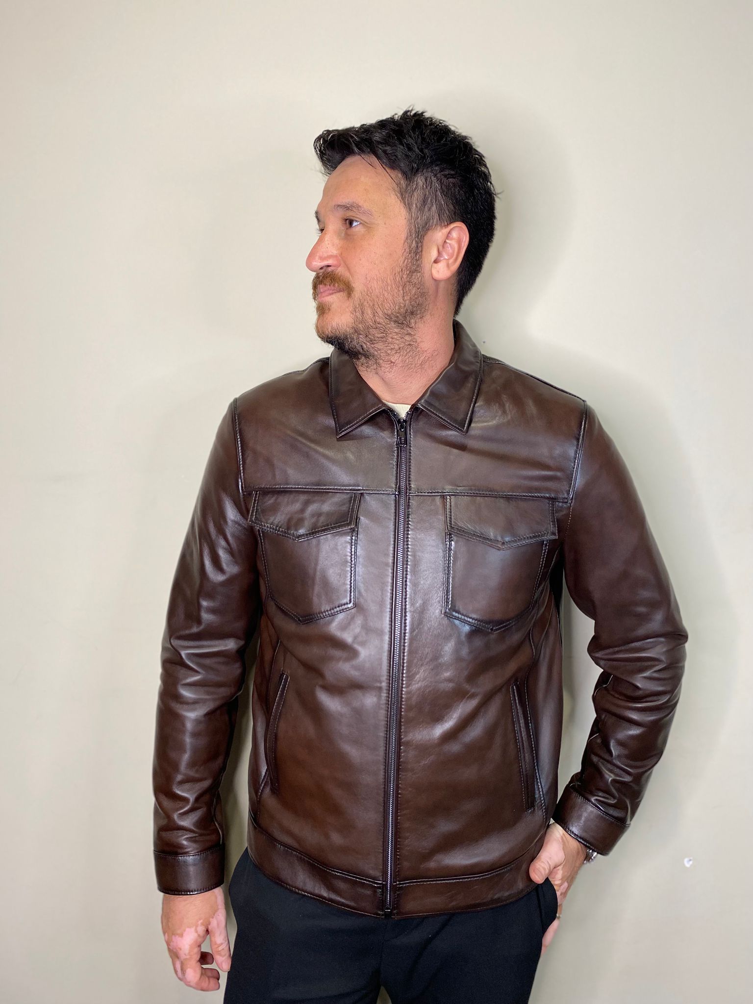 L-501 Model Hakiki Deri Kahverengi Fermuar Detaylı Deri Mont Erkek Deri Ceket