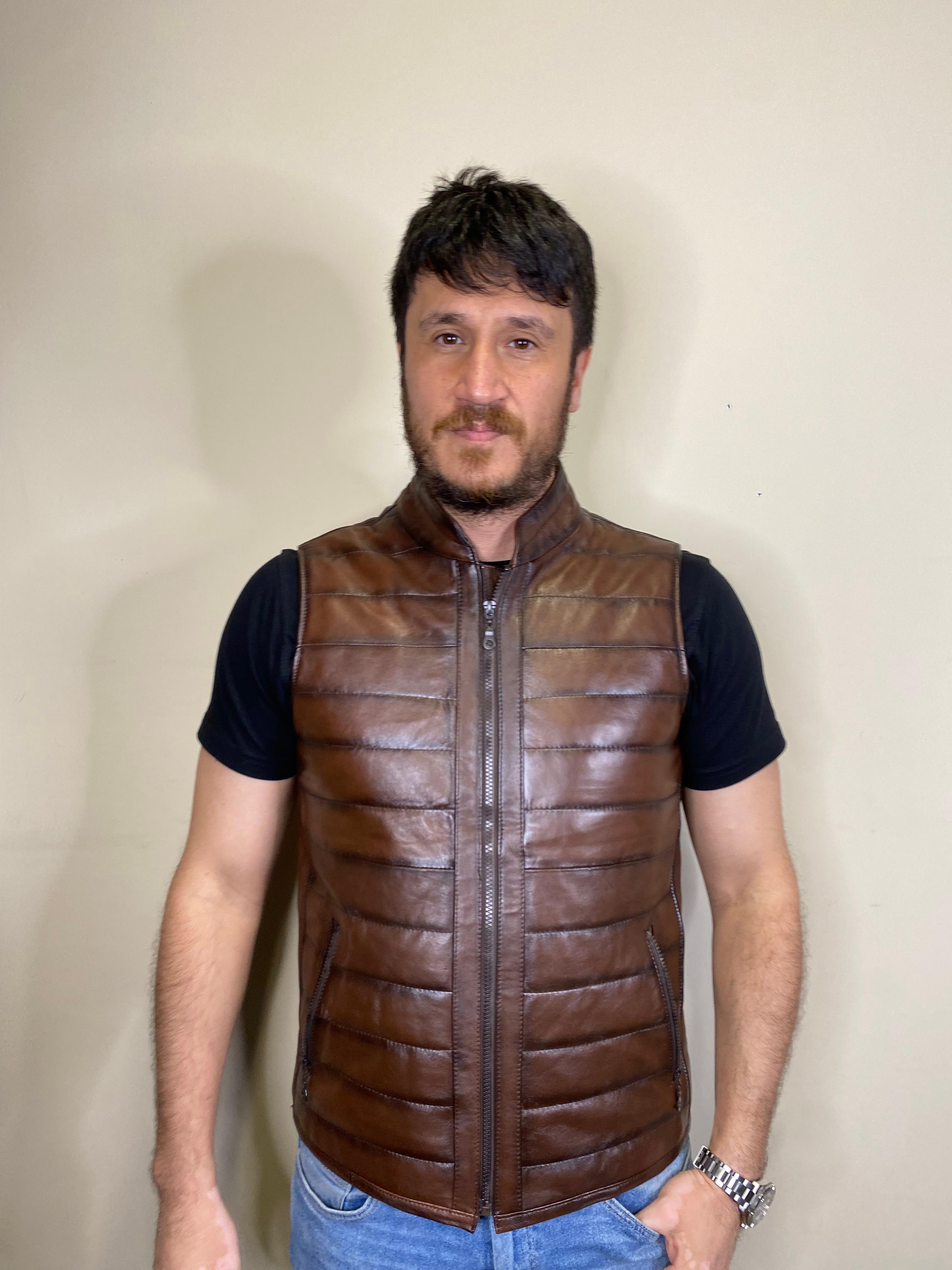 Hakiki Deri Hakim Yaka kahverengi Deri Yelek 