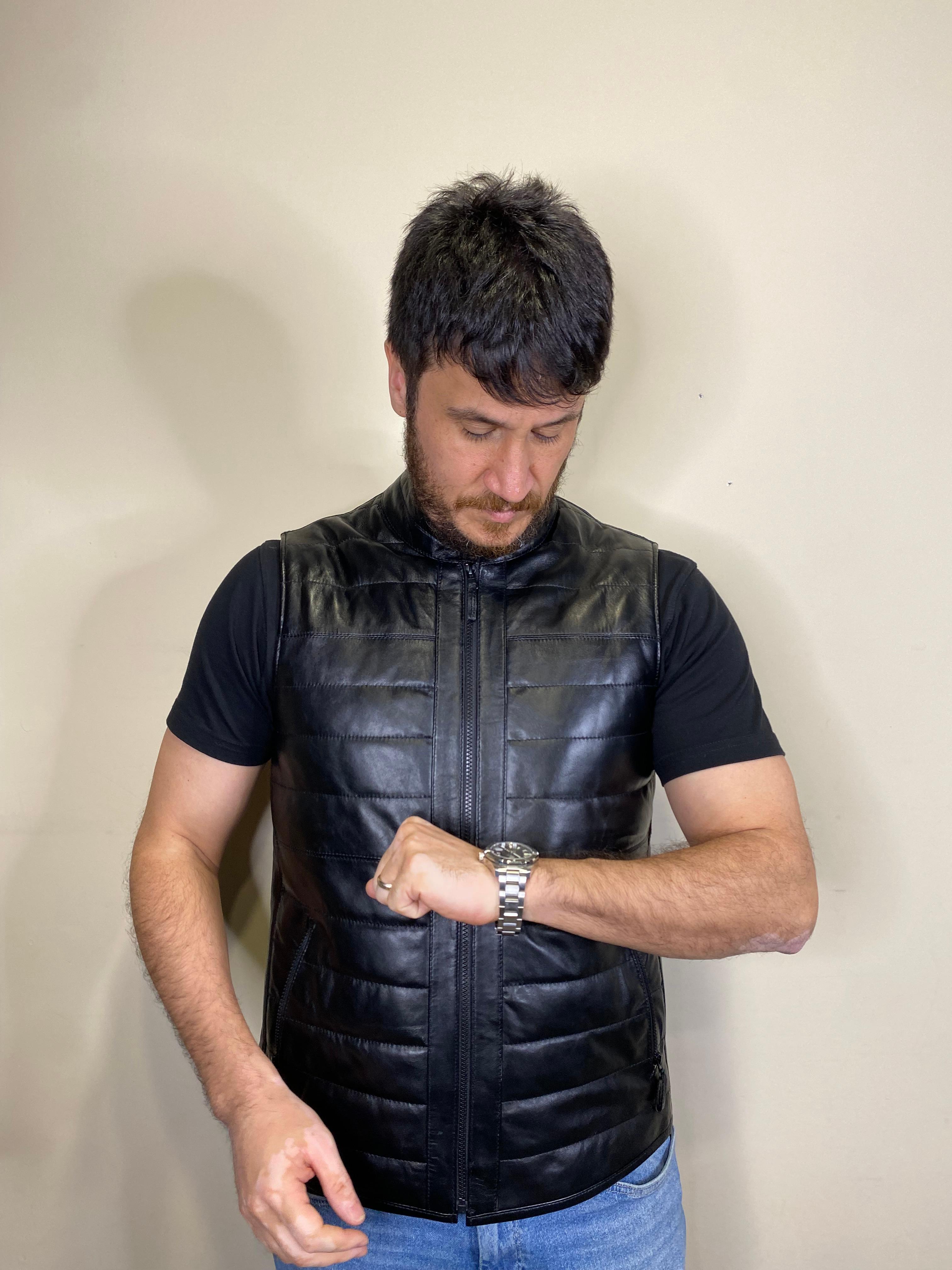Hakiki Deri Hakim Yaka Siyah Deri Yelek