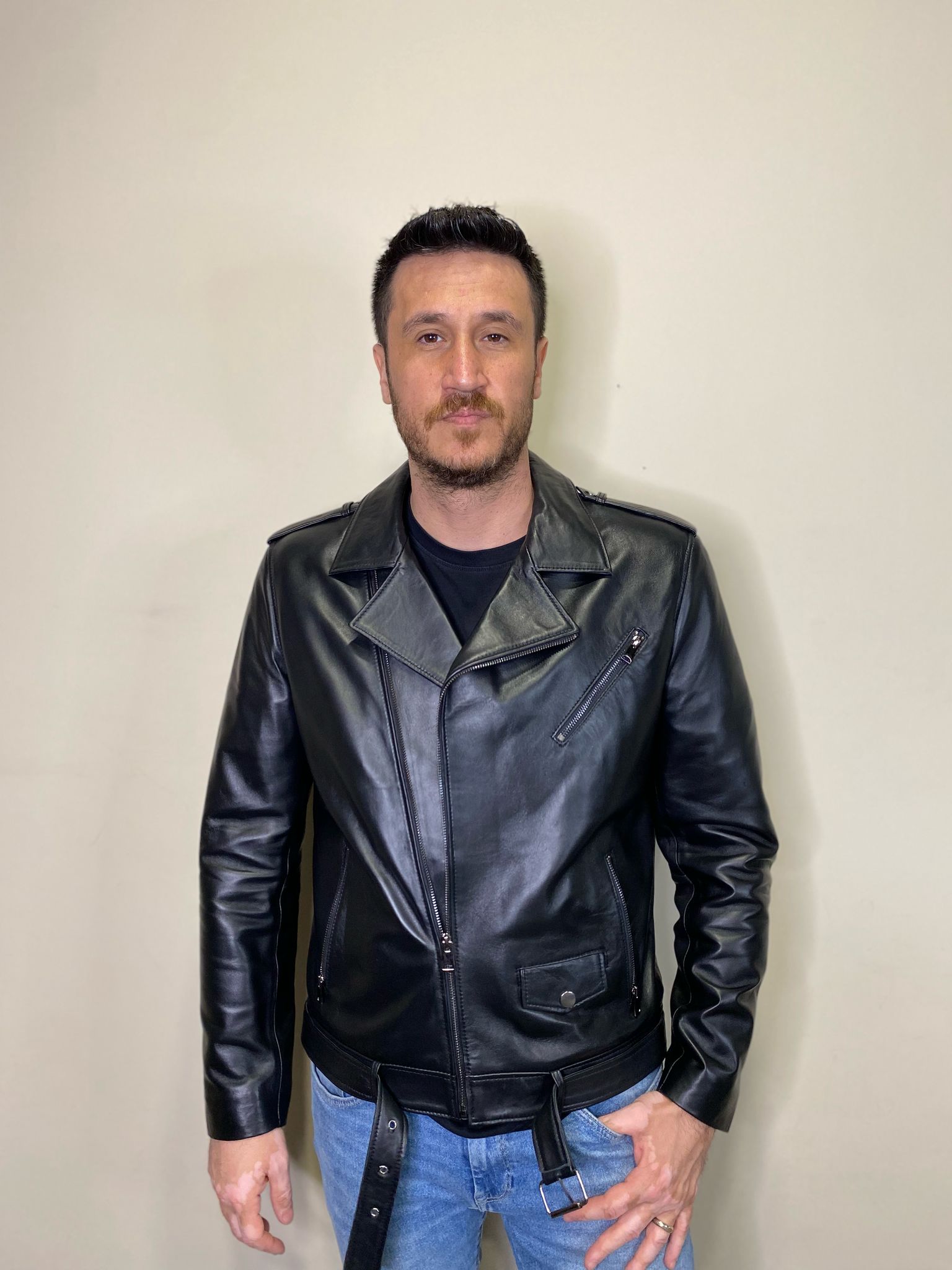Yandan Fermuarlı Kemerli Hakiki Deri Deri Mont Fermuar Detaylı Deri Ceket
