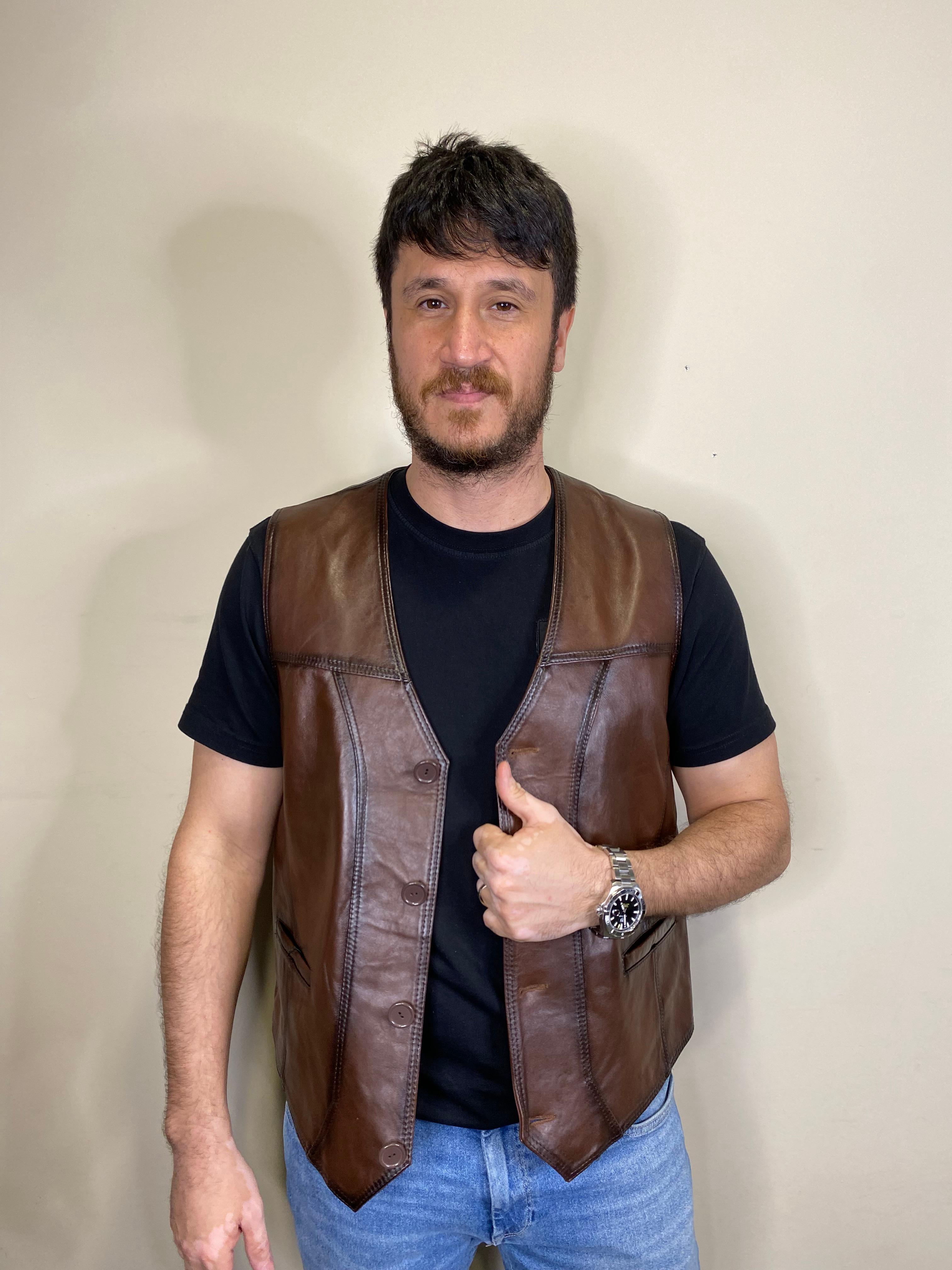 Hakiki Deri Kahverengi Titan Model Deri Yelek 