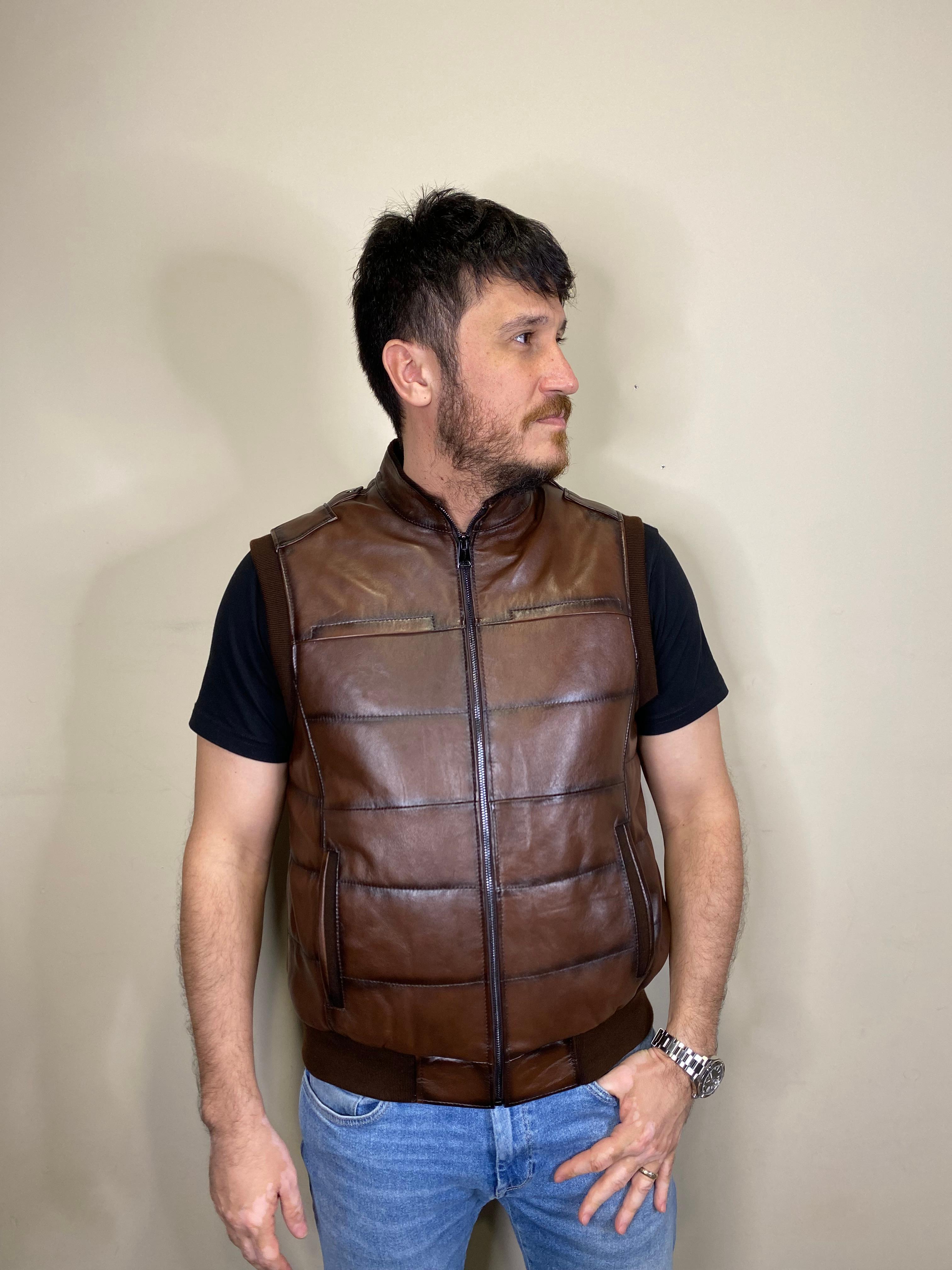 Hakiki Deri Şişme Triko Kahverengi Yelek 