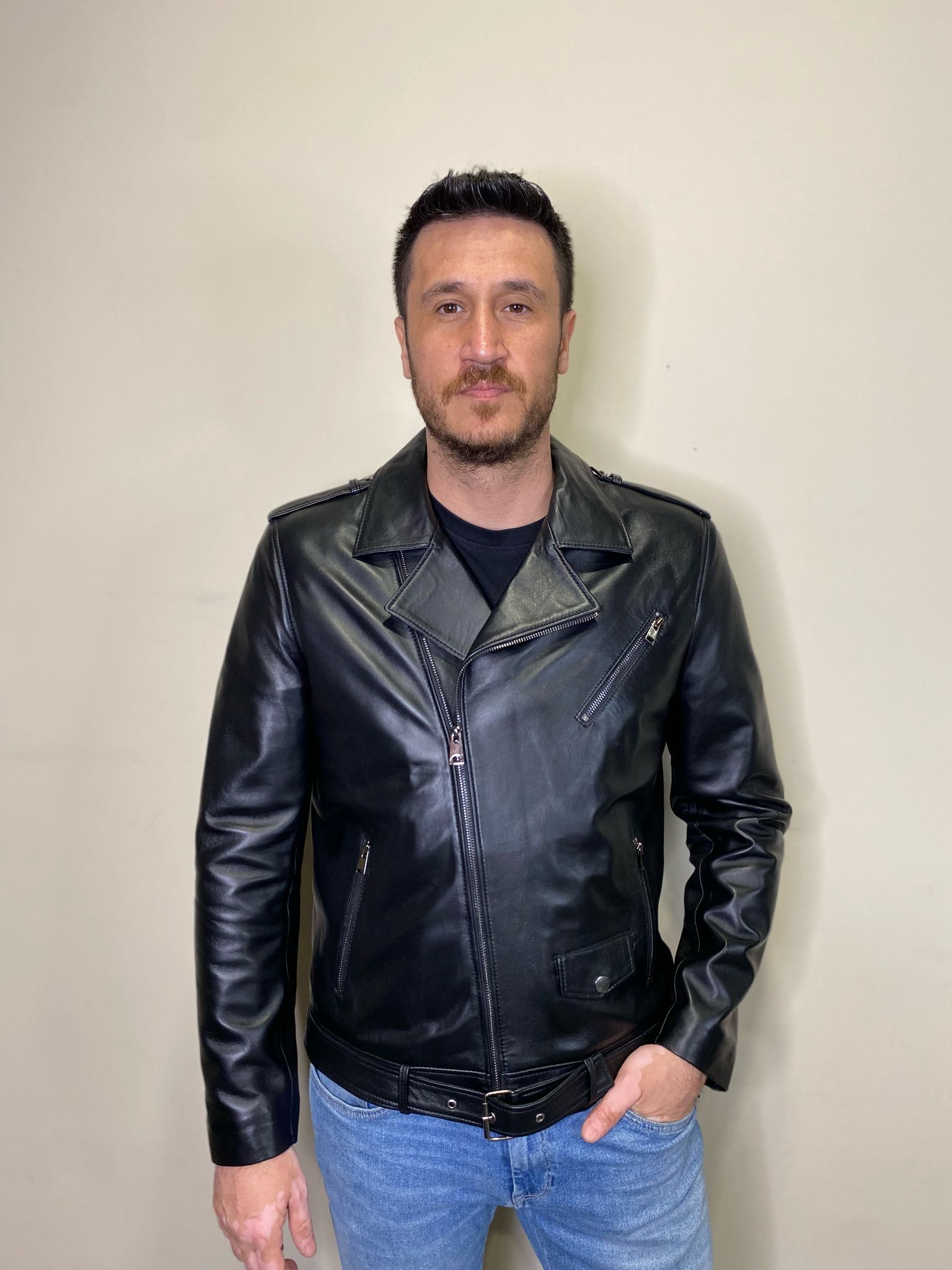 Yandan Fermuarlı Kemerli Hakiki Deri Deri Mont Fermuar Detaylı Deri Ceket