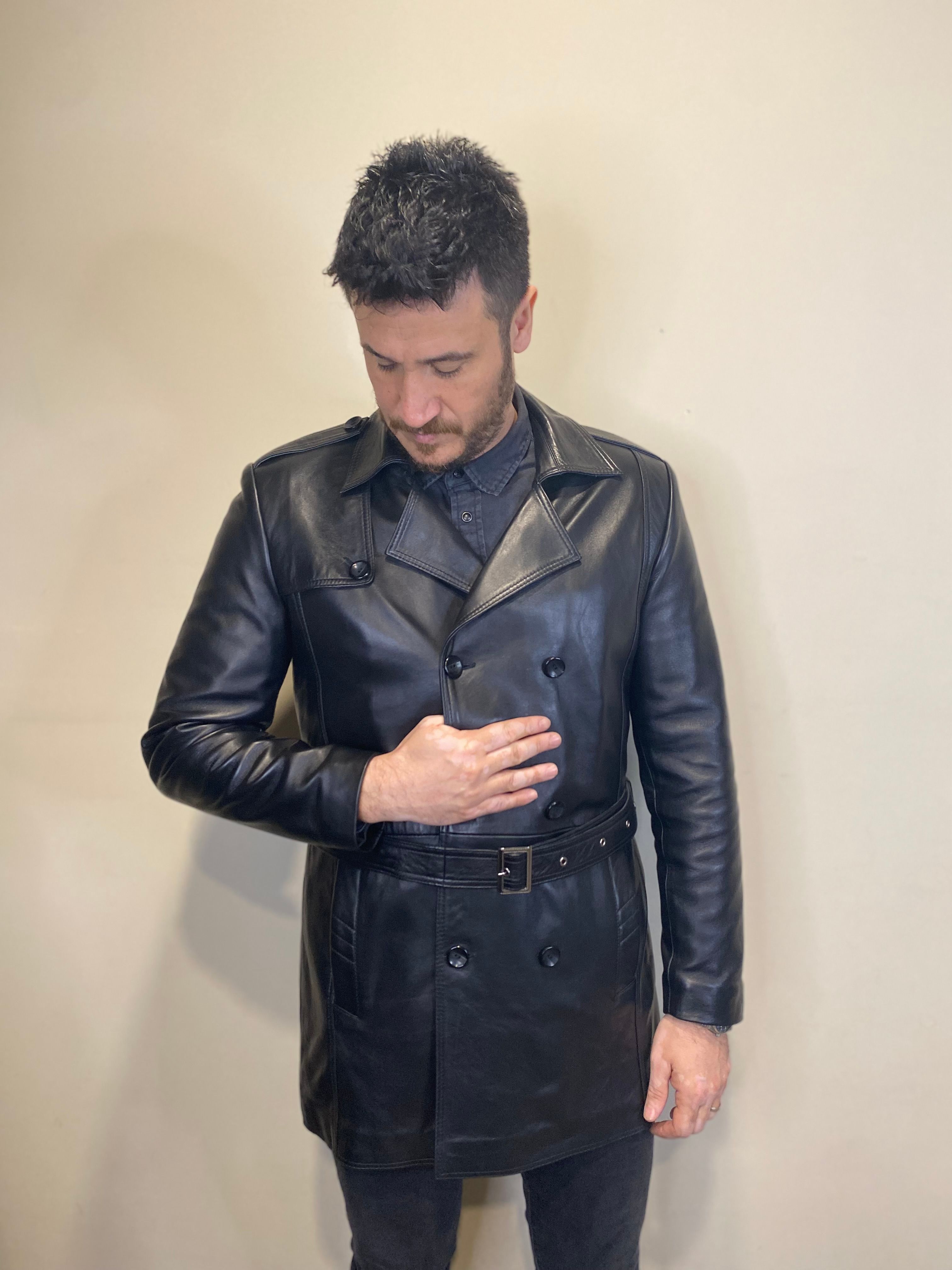 Hakiki Deri Siyah Deri Trençkot Kemer Detaylı Deri Ceket 