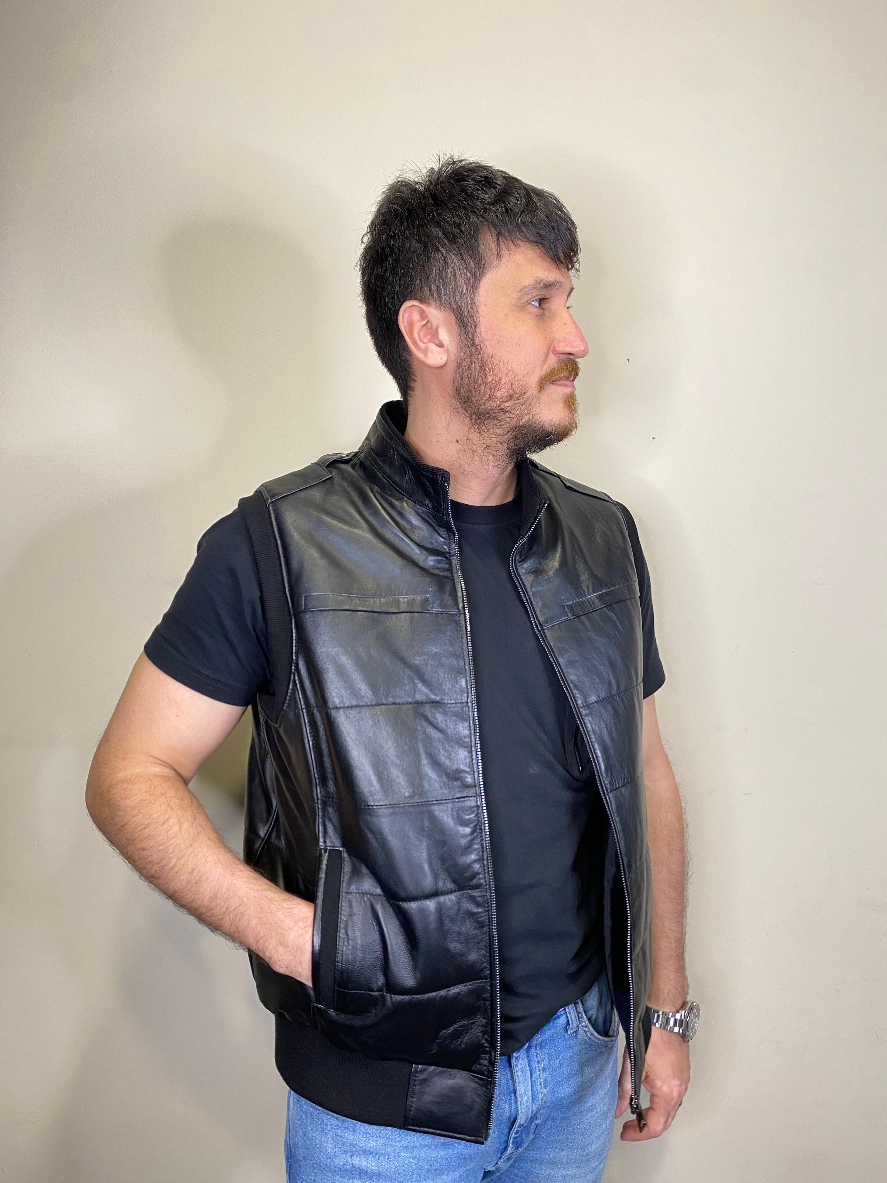 Hakiki Deri Şişme Triko Siyah Yelek