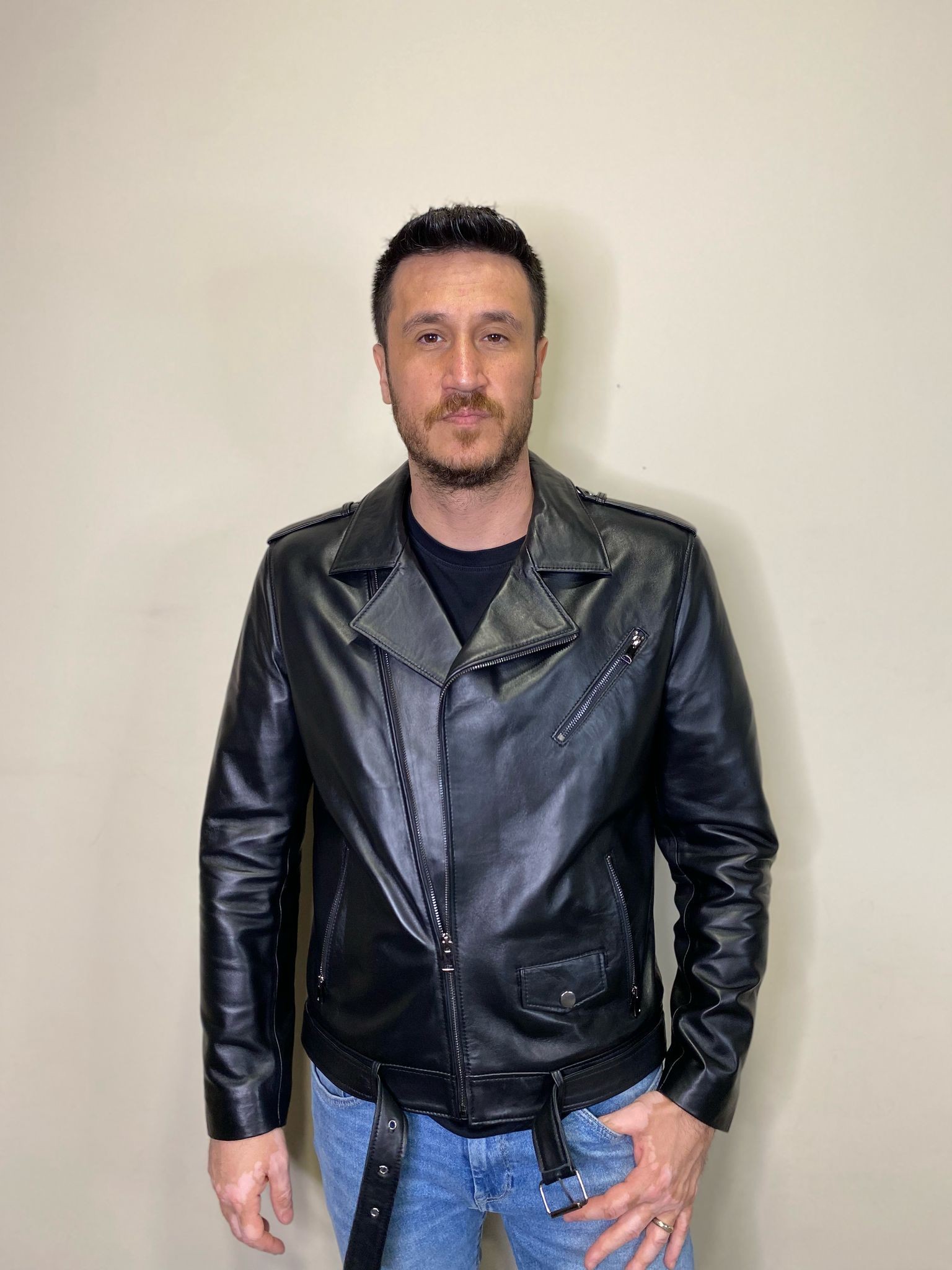 Yandan Fermuarlı Kemerli Hakiki Deri Deri Mont Fermuar Detaylı Deri Ceket