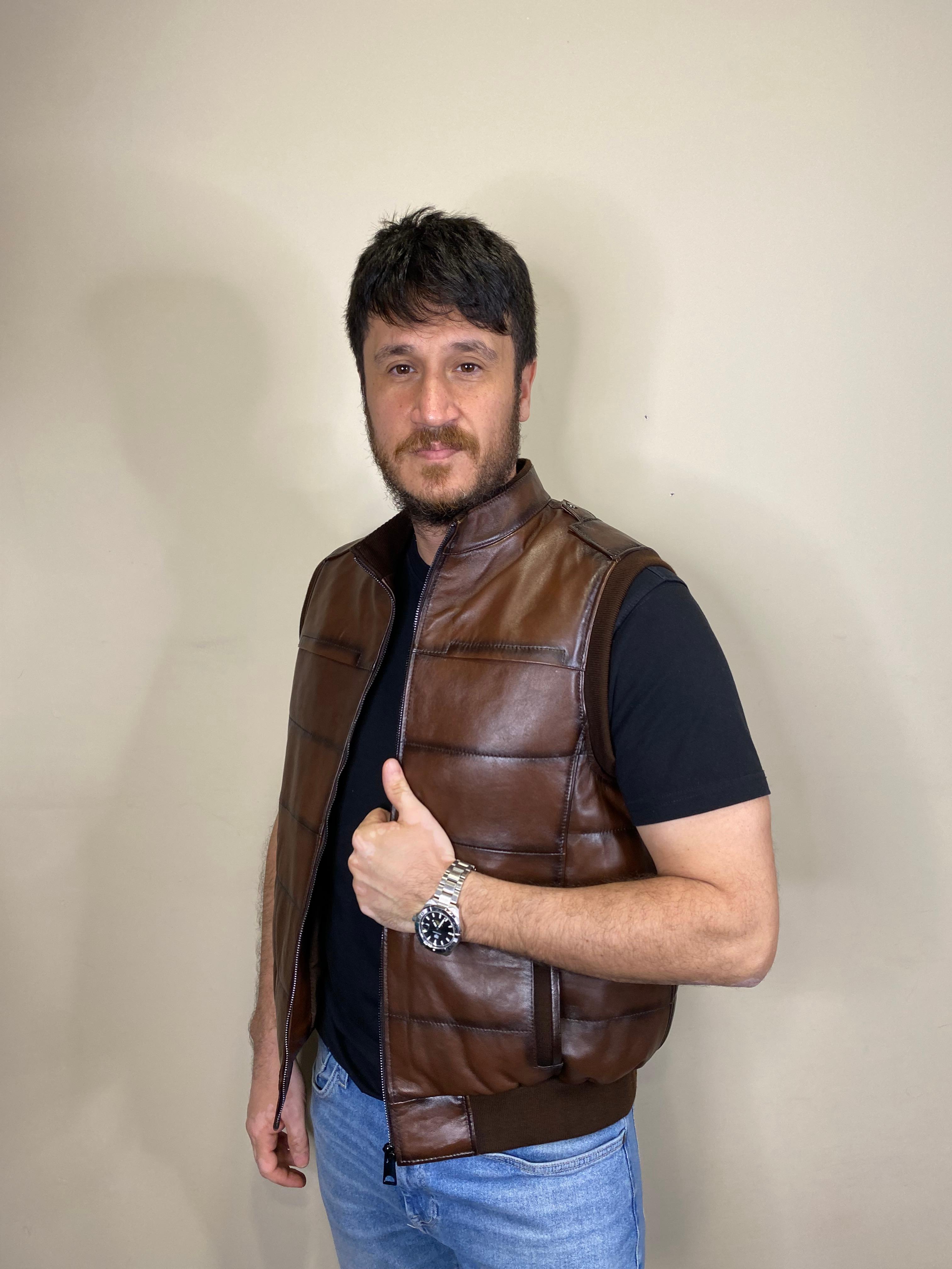 Hakiki Deri Şişme Triko Kahverengi Yelek 