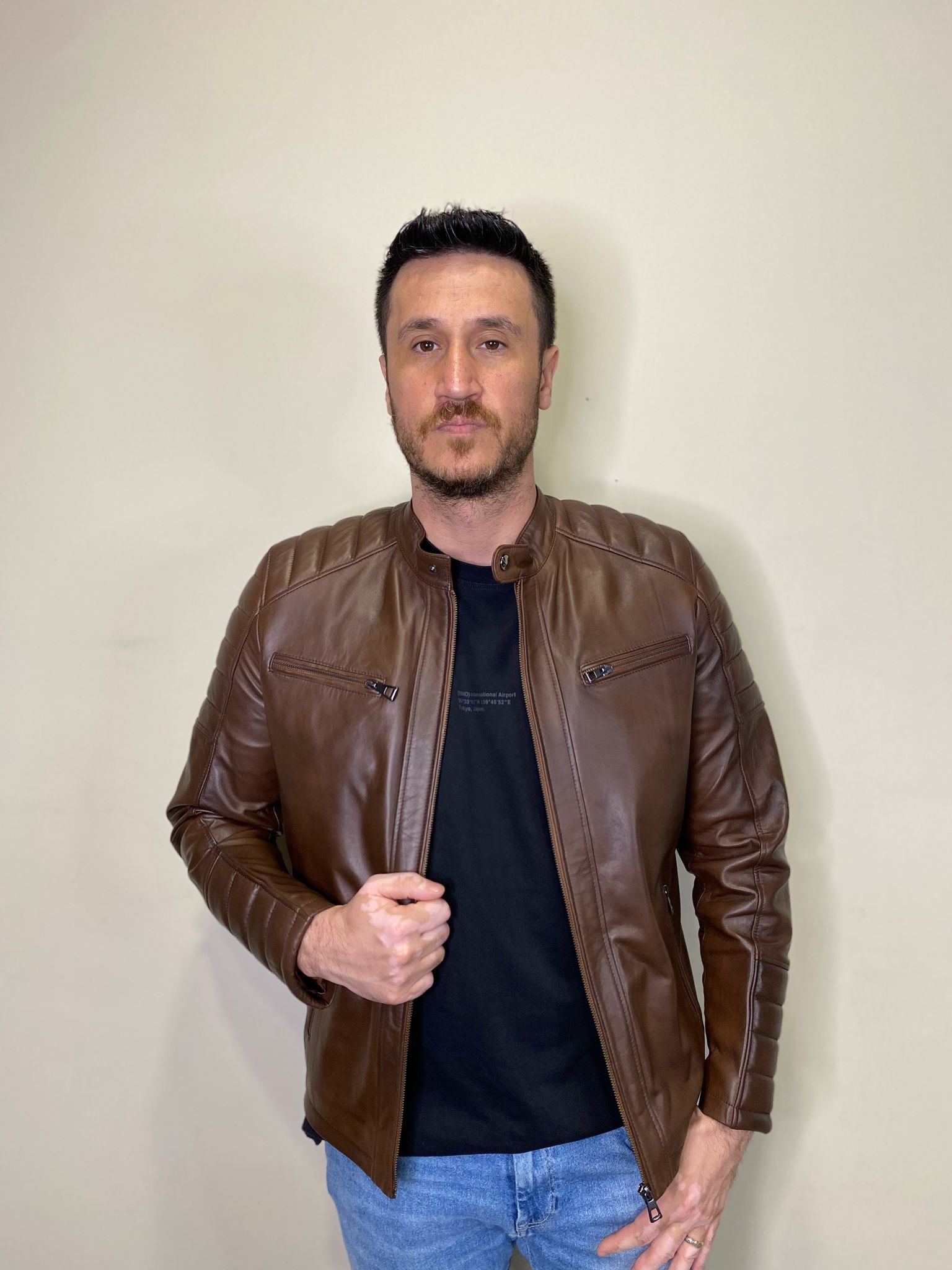 E-35/ İ-33 Hakiki Deri Deri Mont Kahverengi Fermuar Detaylı Deri Ceket