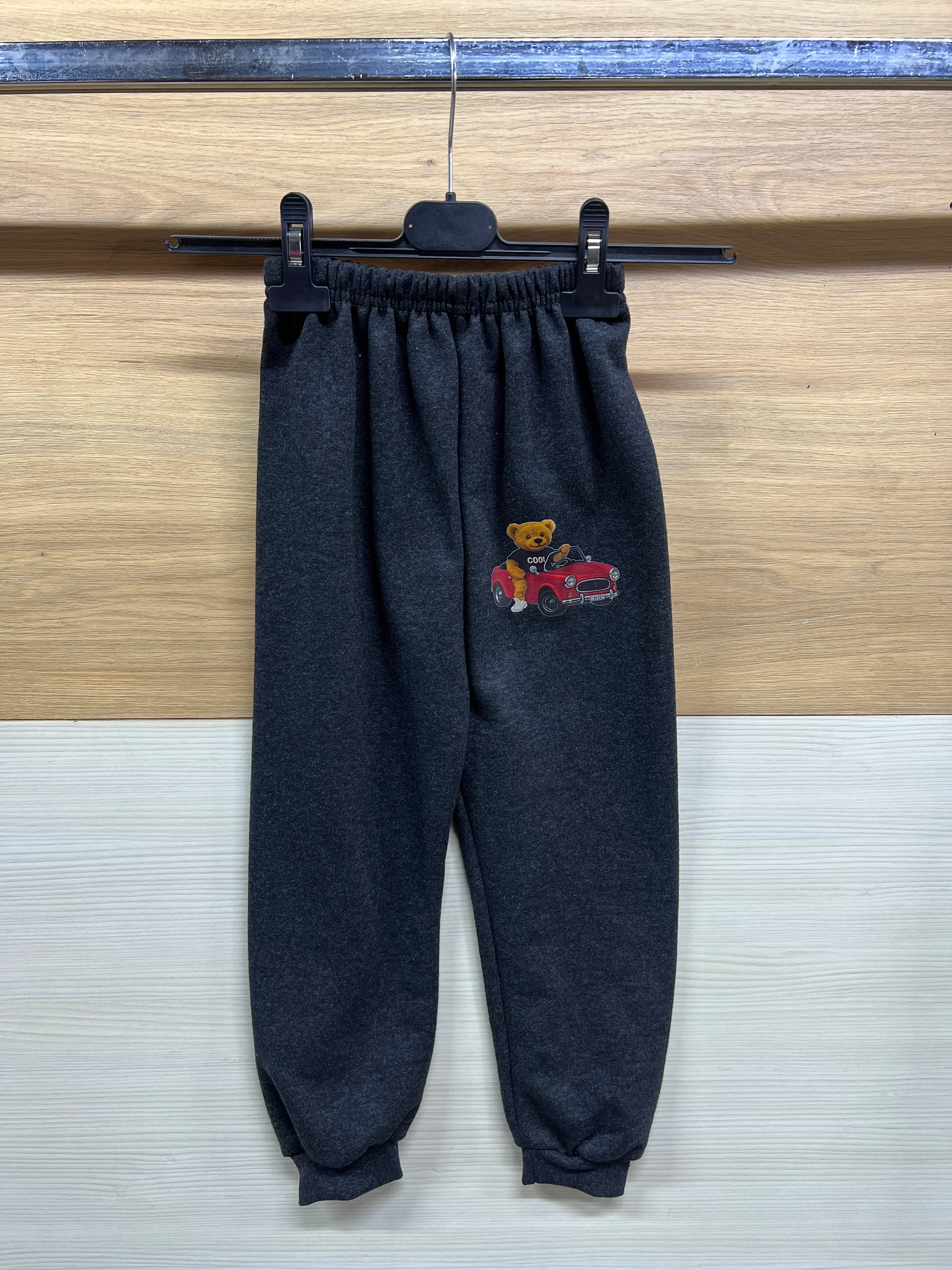 Arabalı Ayıcık Baskılı Kalın Şardonlu Alt Üst Takım Kırçıllı Gri