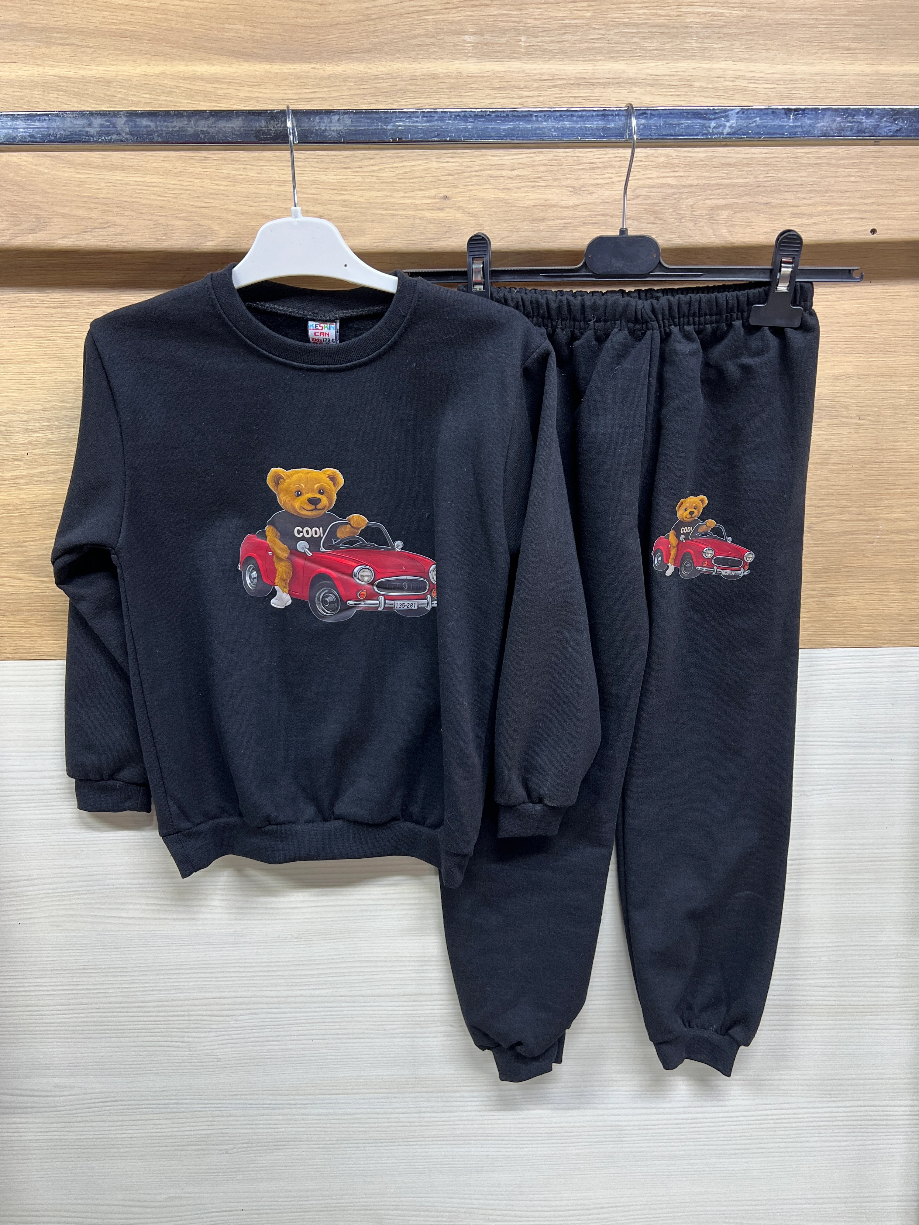 Arabalı Ayıcık Baskılı Kalın Şardonlu Alt Üst Takım Siyah