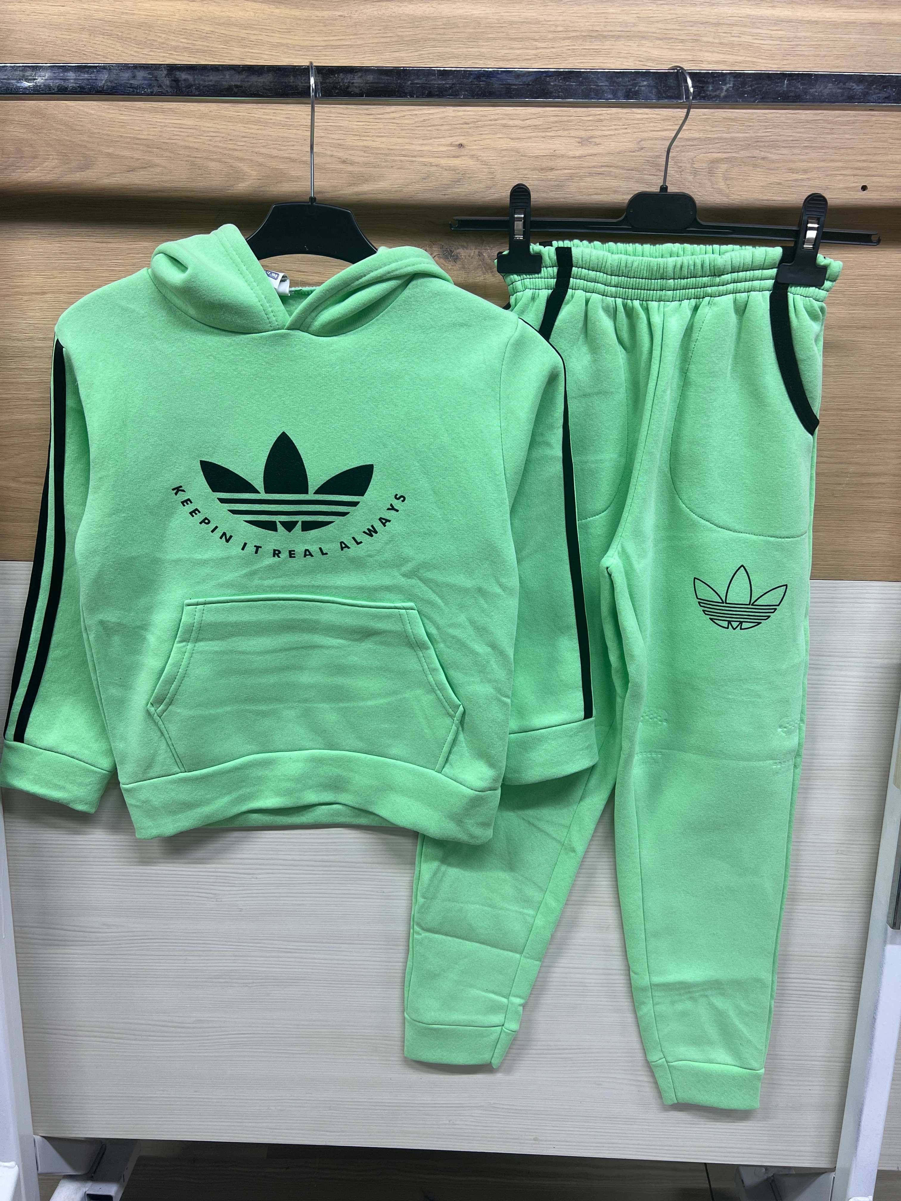 3 Çizgili Kapşonlu Kalın 3 ip Şardonlu Alt Üst Takım Yeşil