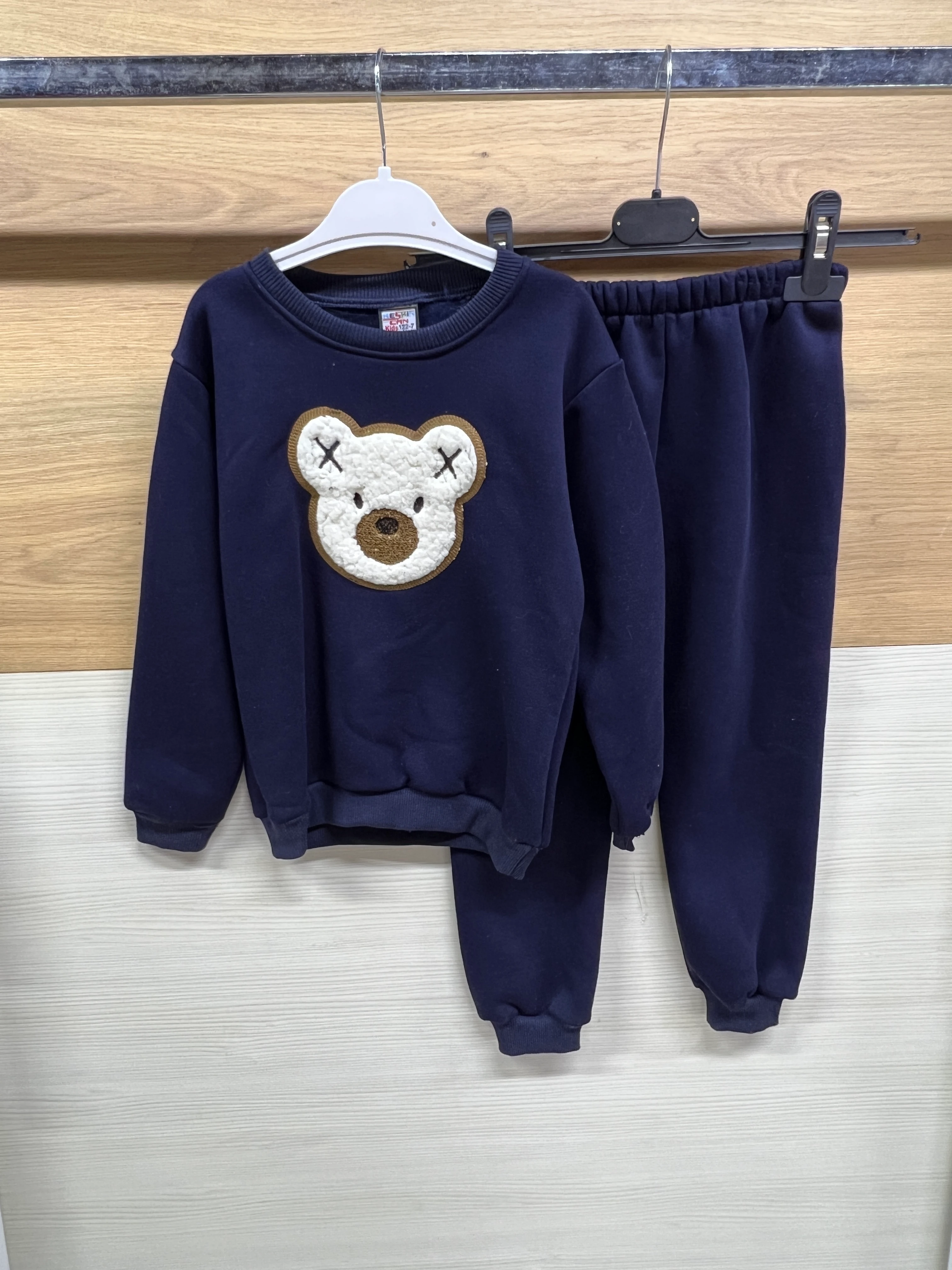 Sevimli Ayıcık Nakışlı 3 ip Şardonlu Kalın Şardonlu Alt Üst Takım Lacivert 