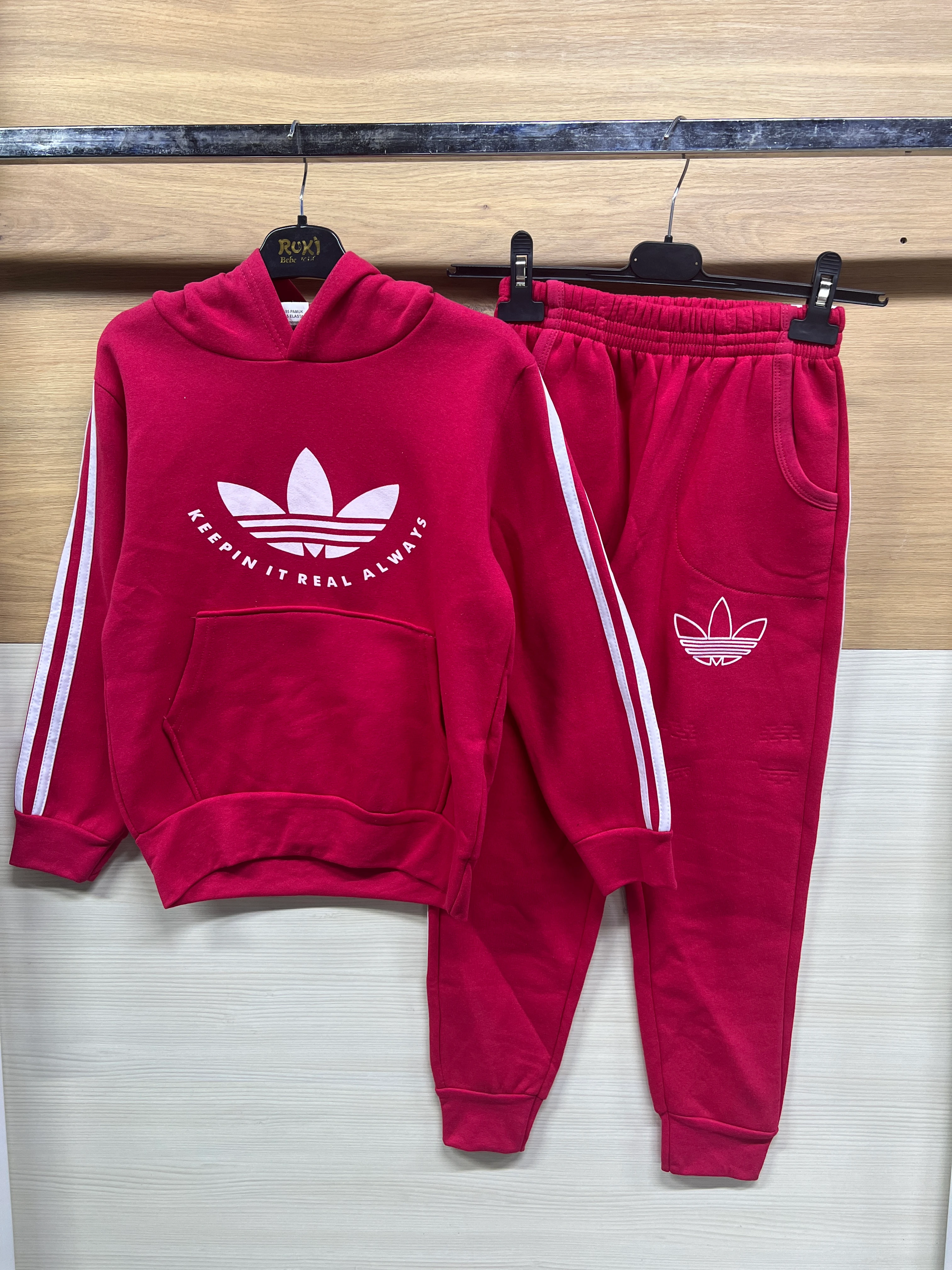 3 Çizgili Kapşonlu Kalın 3 ip Şardonlu Alt Üst Takım Nar çiceği