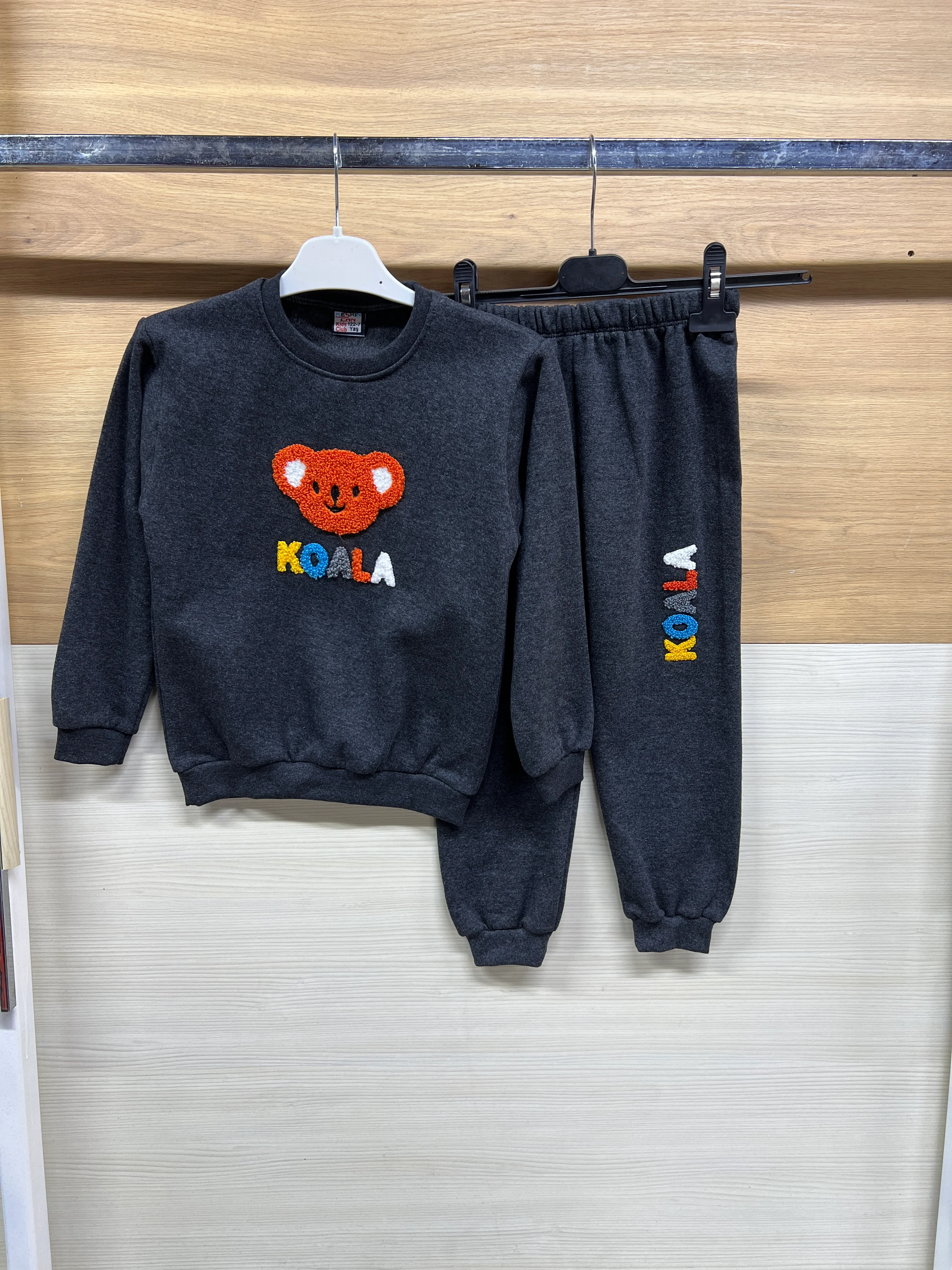 Koala Nakışlı Kalın Şardonlu Alt Üst Takım Koyu Gri