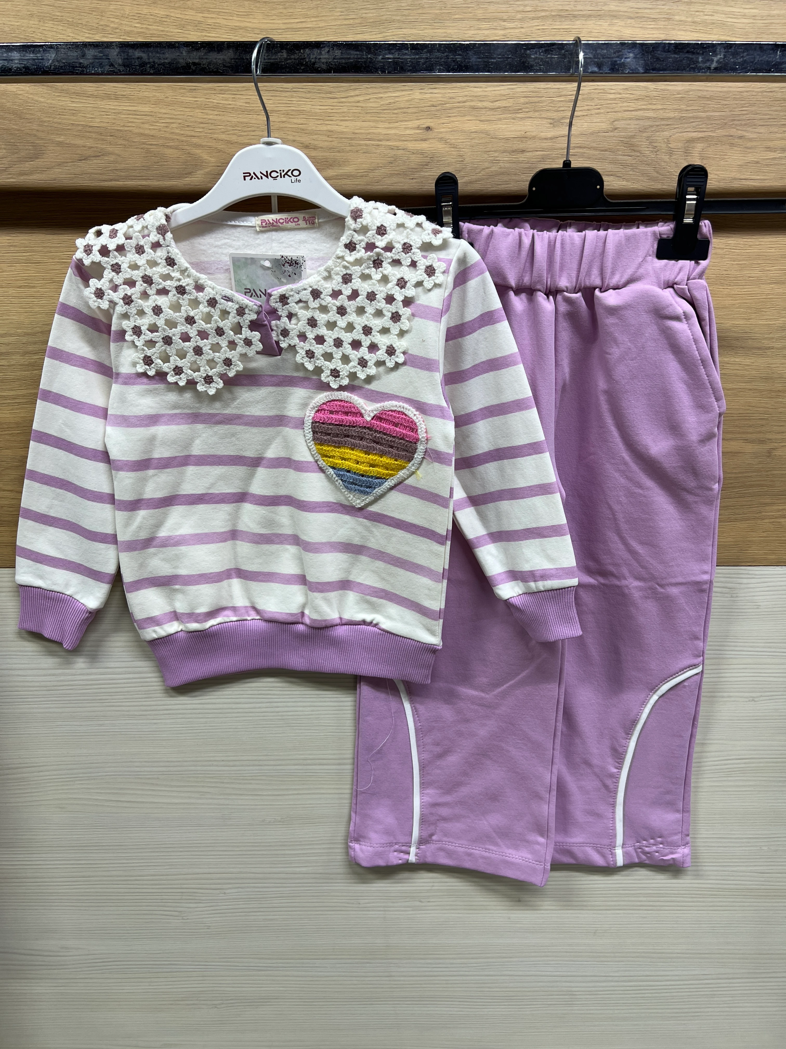 Dantel Yakalo Kalp Nakışlı Şardonlu Alt Üst Takım Mor