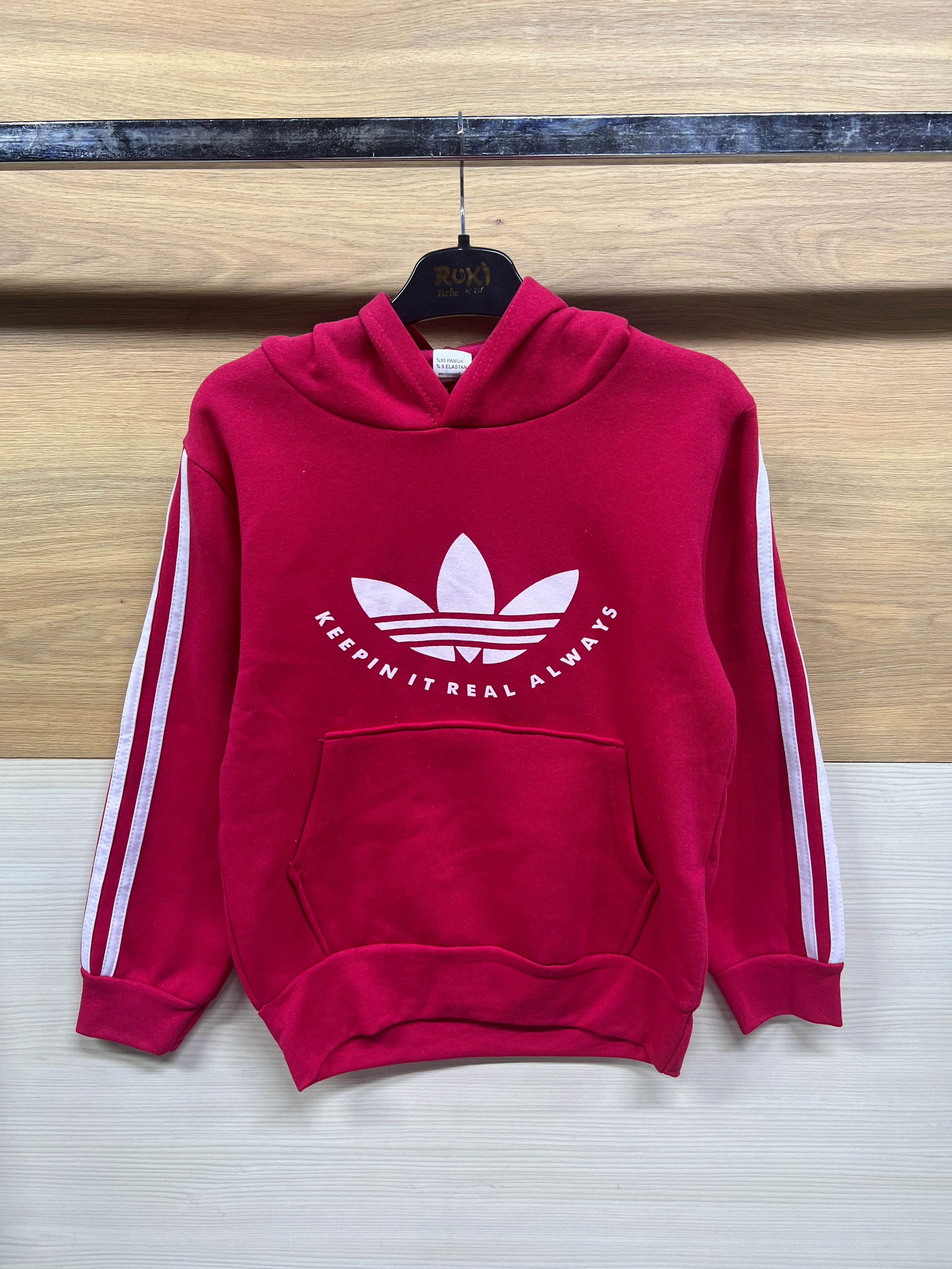 3 Çizgili Kapşonlu Kalın 3 ip Şardonlu Alt Üst Takım Nar çiceği