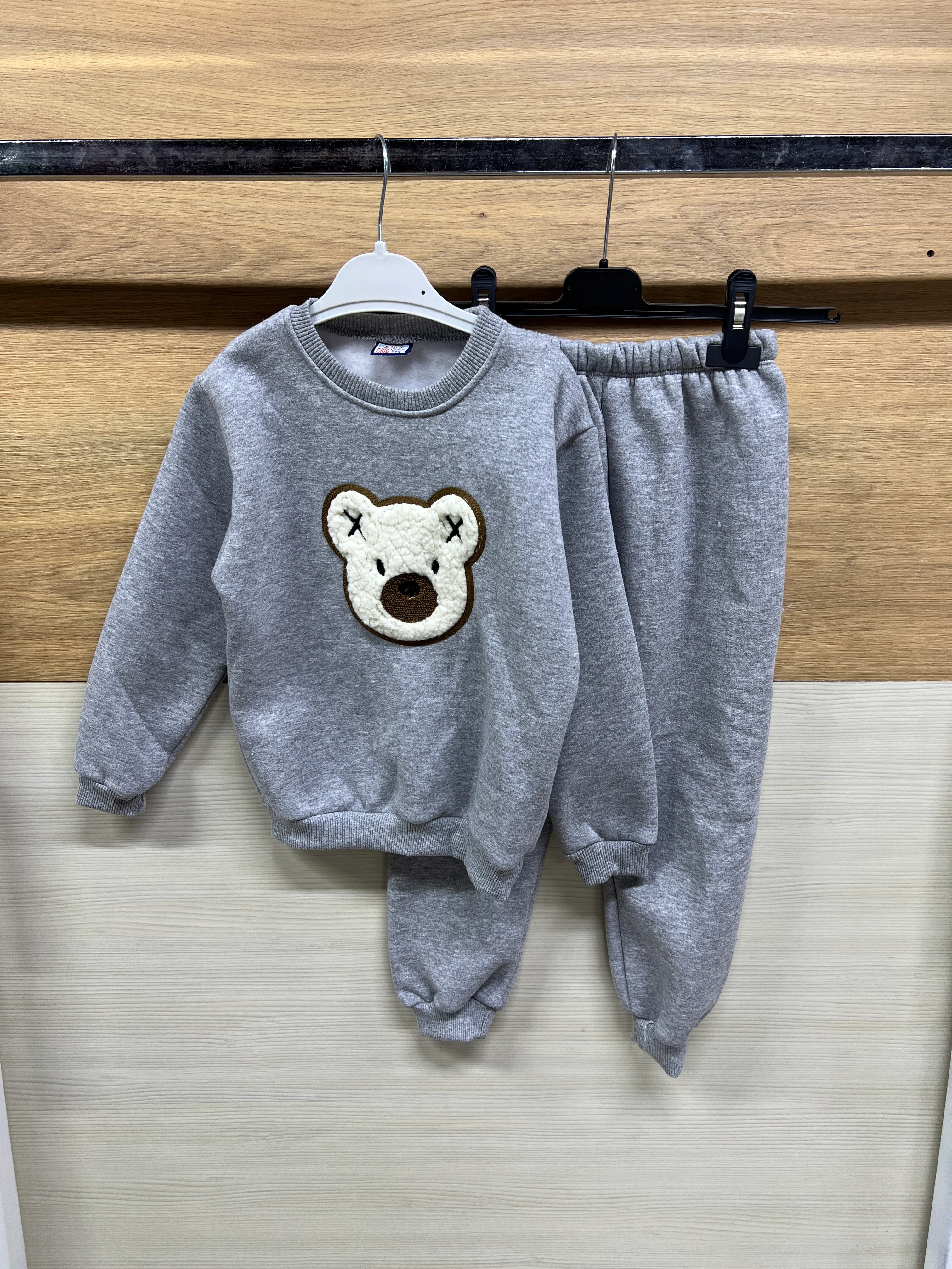 Sevimli Ayıcık Nakışlı 3 ip Şardonlu Kalın Şardonlu Alt Üst Takım Gri