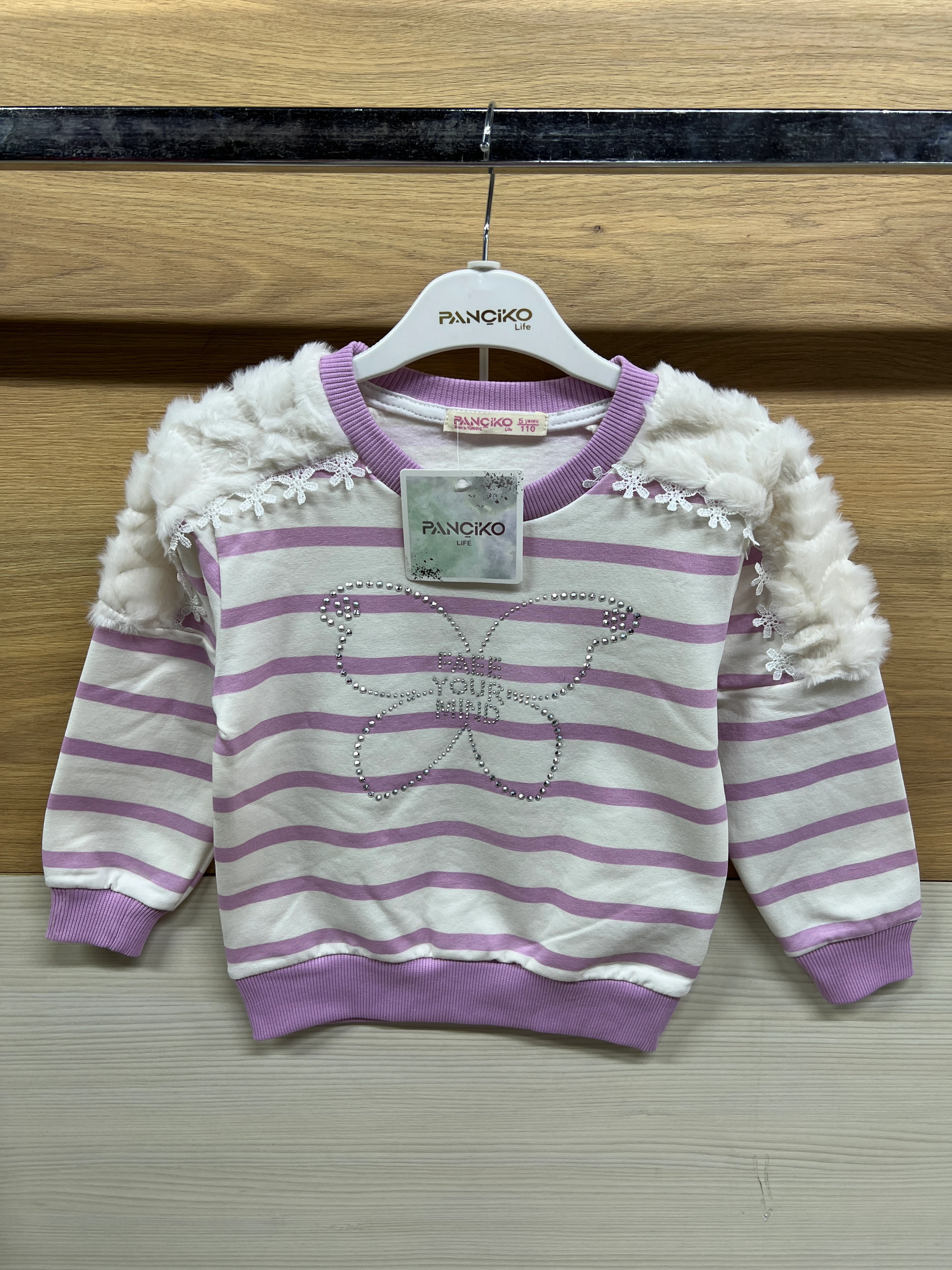 Peluş Detaylı Kelebek Taş İşlemeli Şardonlu Alt Üst Takım Mor