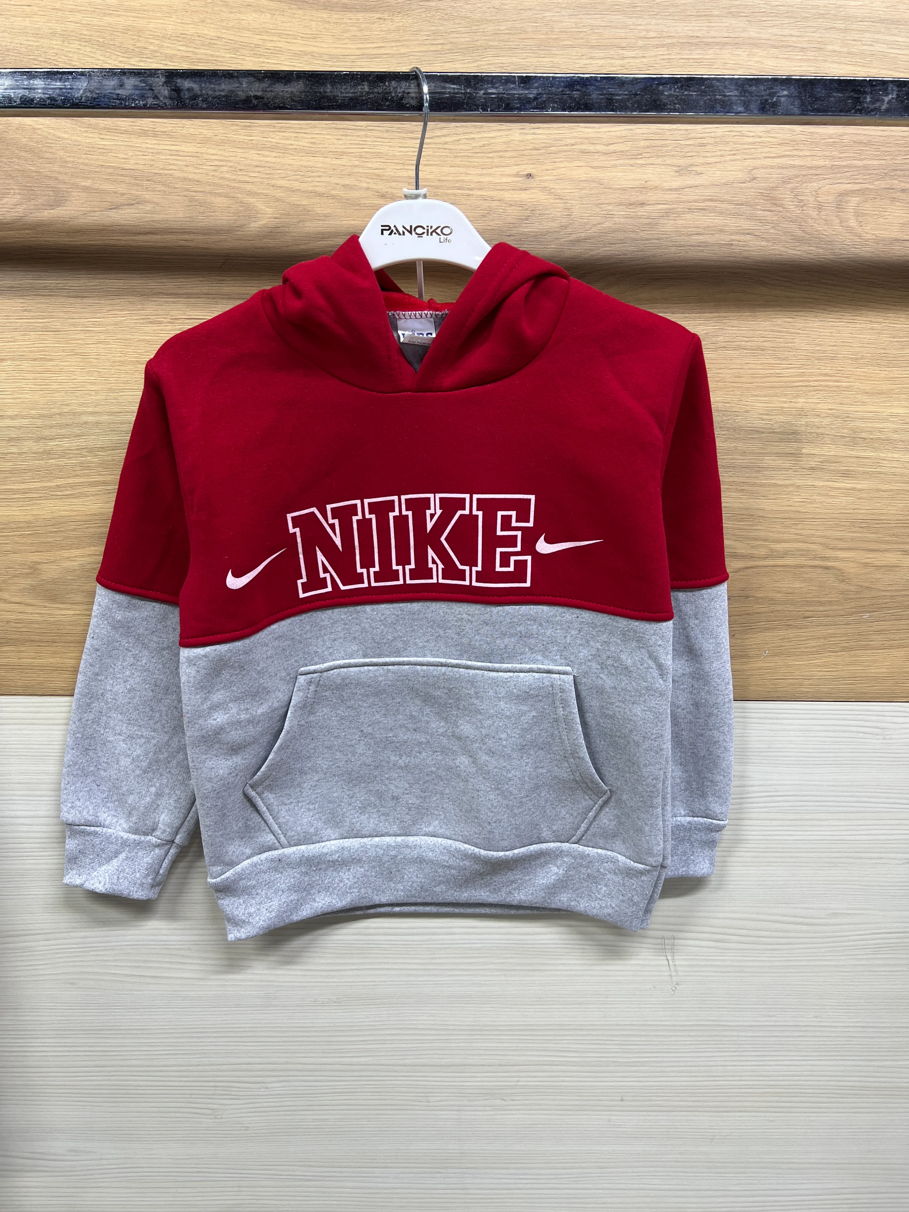 Baskılı Kapşonlu Kalın 3 ip Şardonlu Alt Üst Takım Kırmızıya Gri