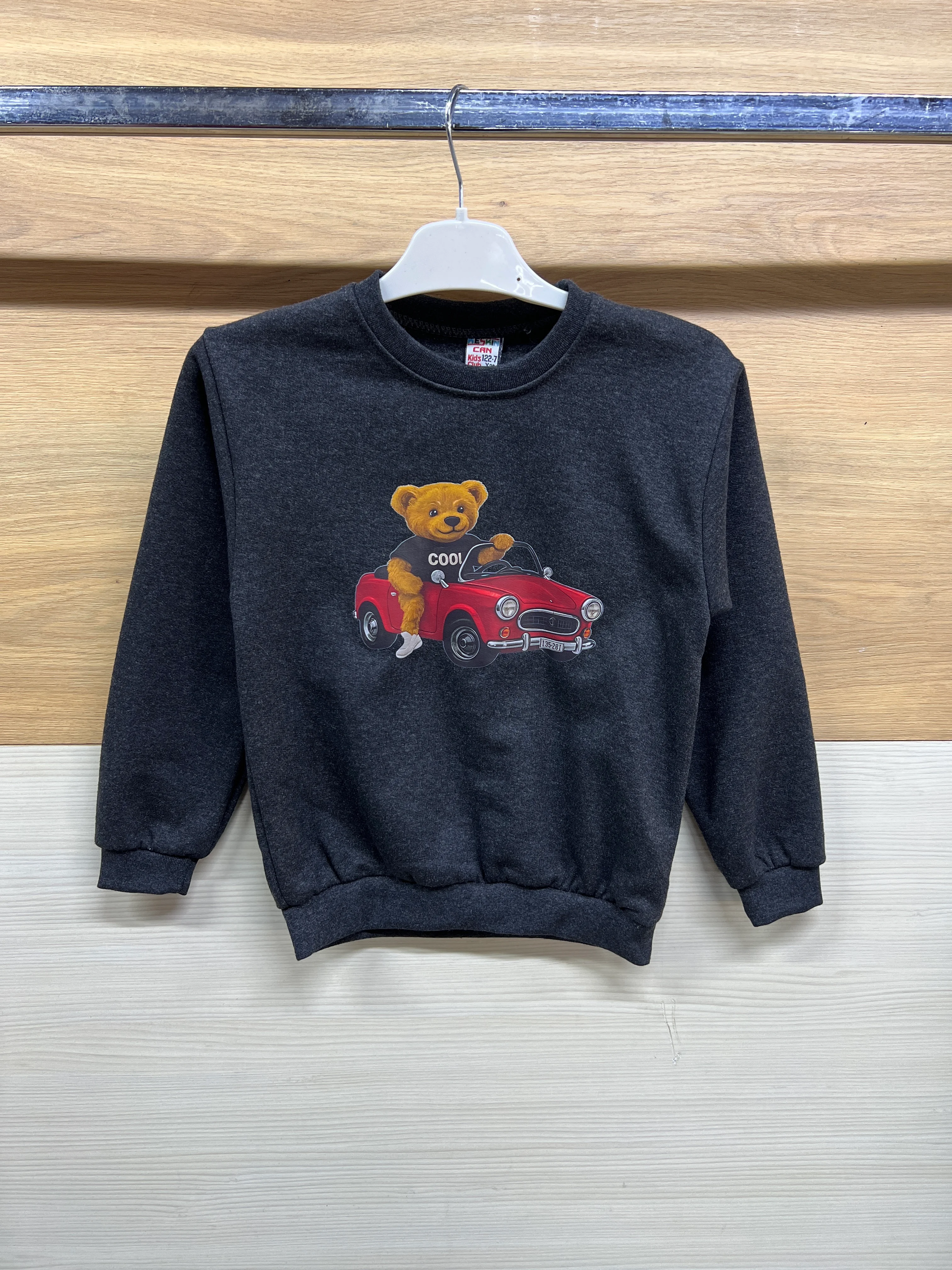 Arabalı Ayıcık Baskılı Kalın Şardonlu Alt Üst Takım Kırçıllı Gri