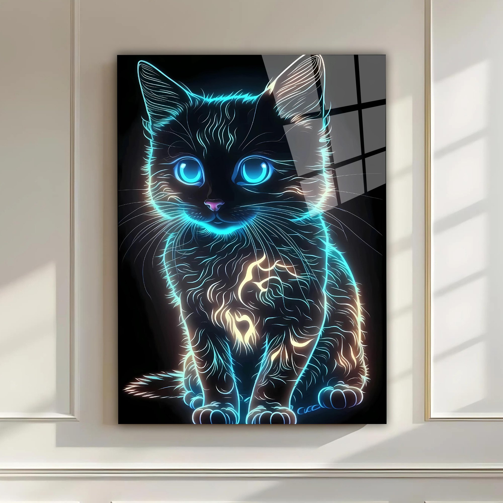 Neon Tarzında Mavi Kedi Cam Tablo