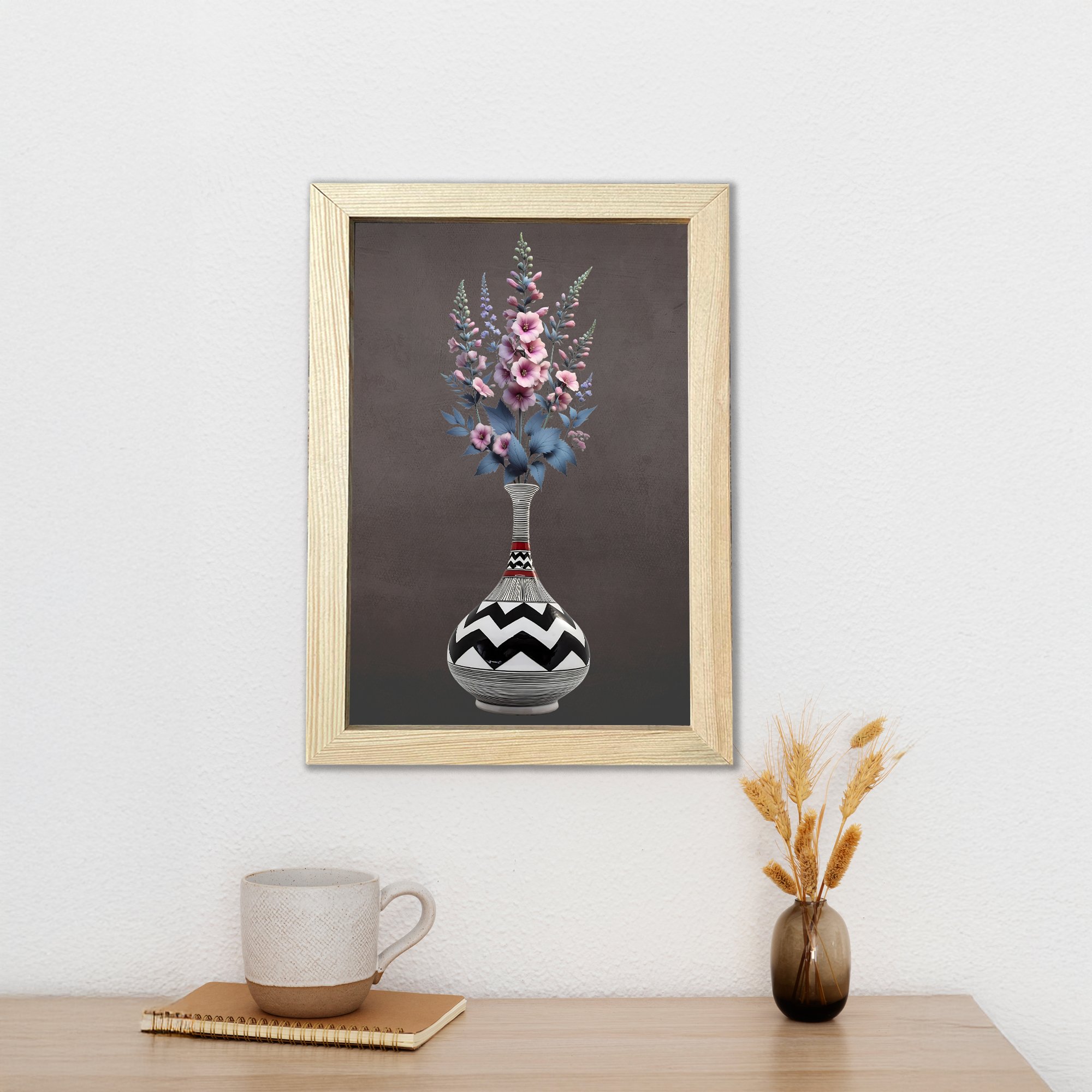 Renkli Çiçekler Vazoda Ahşap Çerçeveli Poster