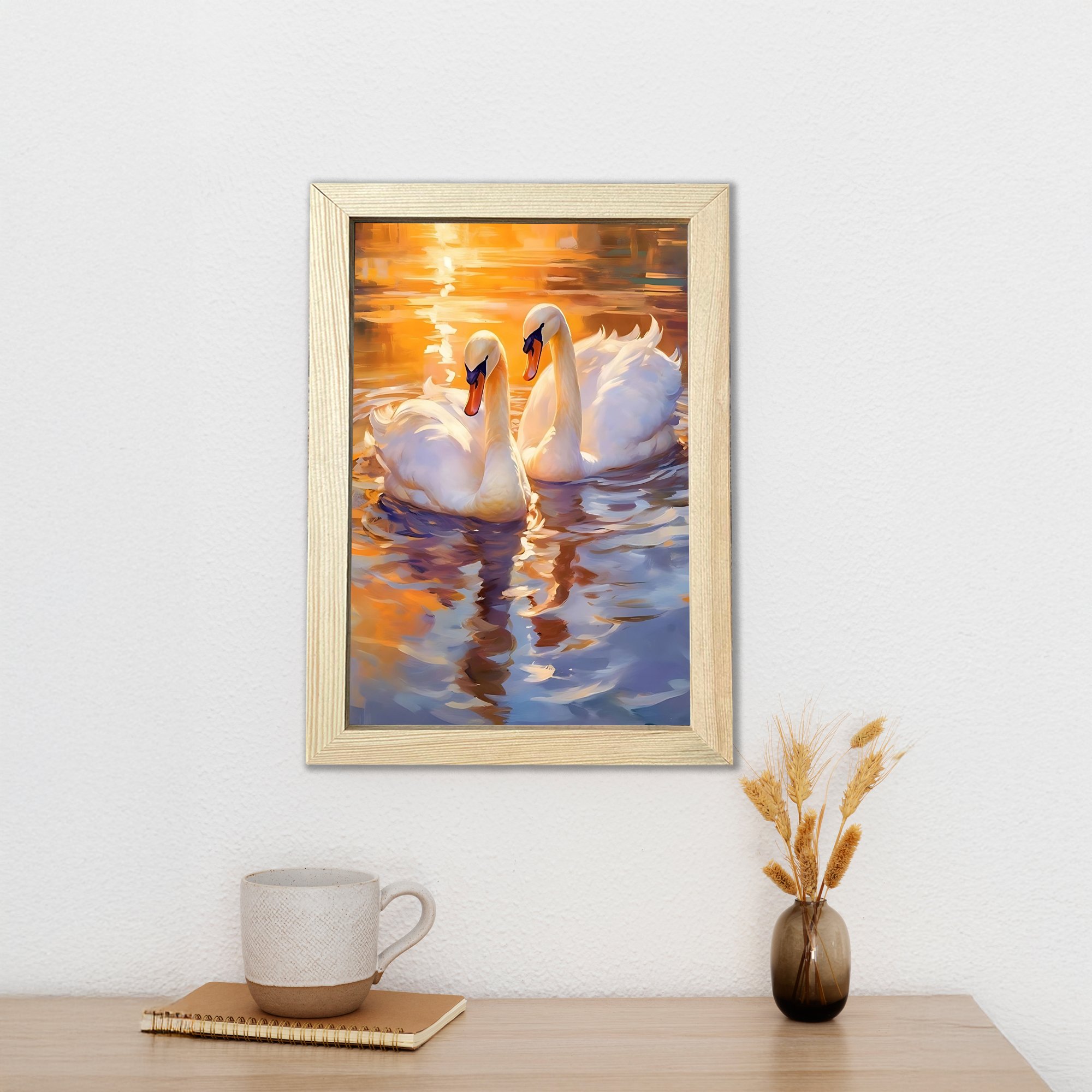 Yağlı boya kuğular ahşap çerçeveli poster
