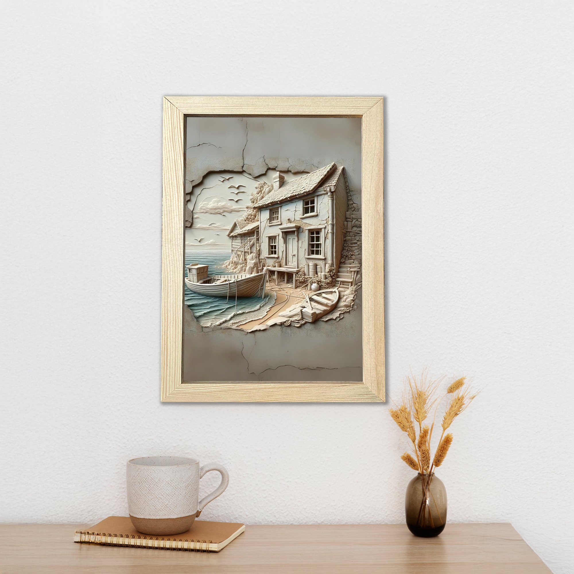 3D Ev manzara tasarımı ahşap çerçeveli poster