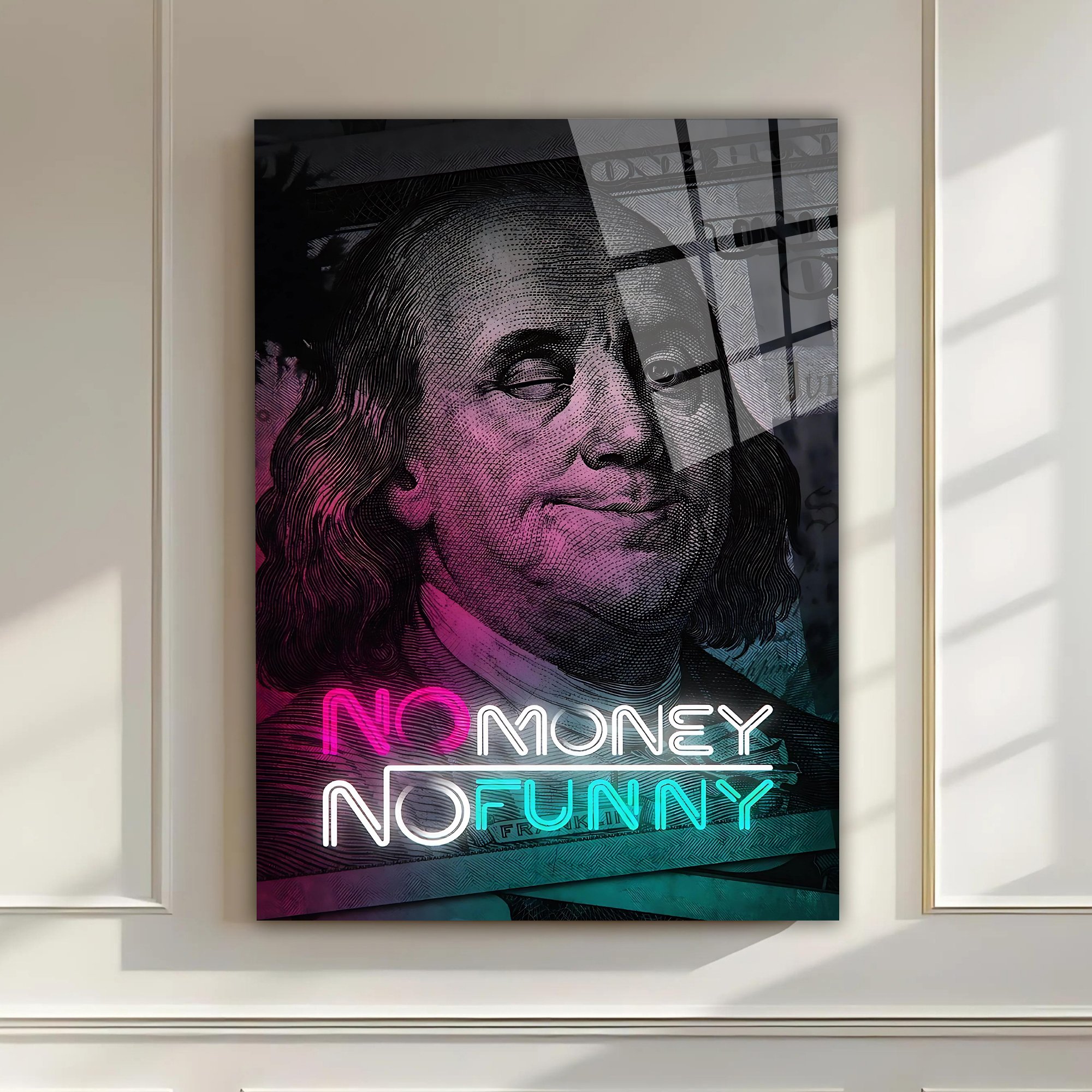 No Money No Funny Neon Tarzında Cam Tablo 