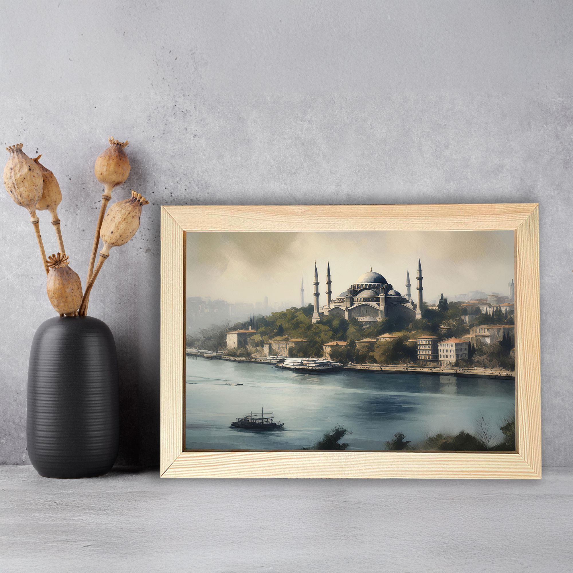 Eski İstanbul Yağlı Boya Tarzında Ahşap Çerçeveli Poster