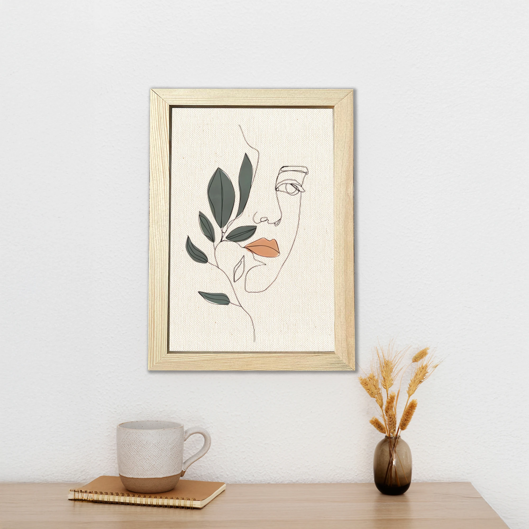 Ahşap Çerçeveli Lineart kadın bohem poster