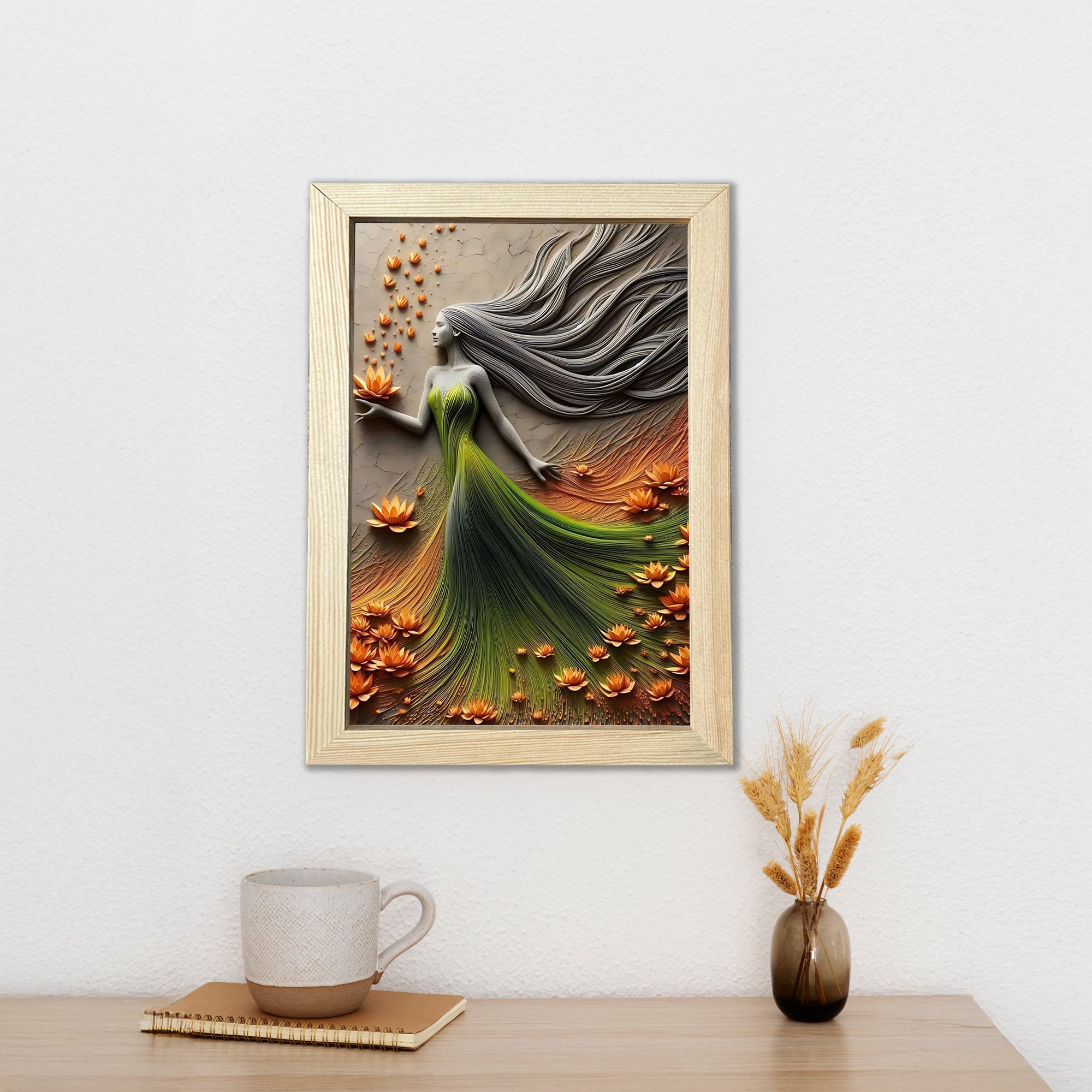 3D Soyut yeşil kadın tasarımı çerçeveli poster