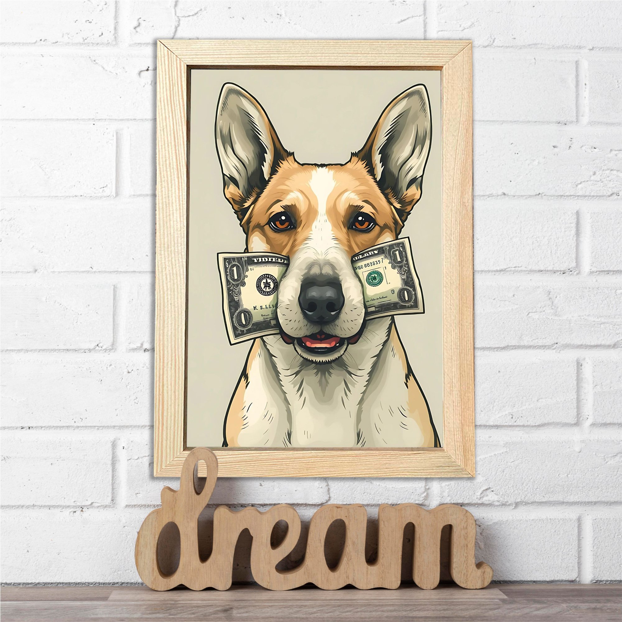 Ahşap Çerçeveli Dolar Köpek İllustrasyon Poster