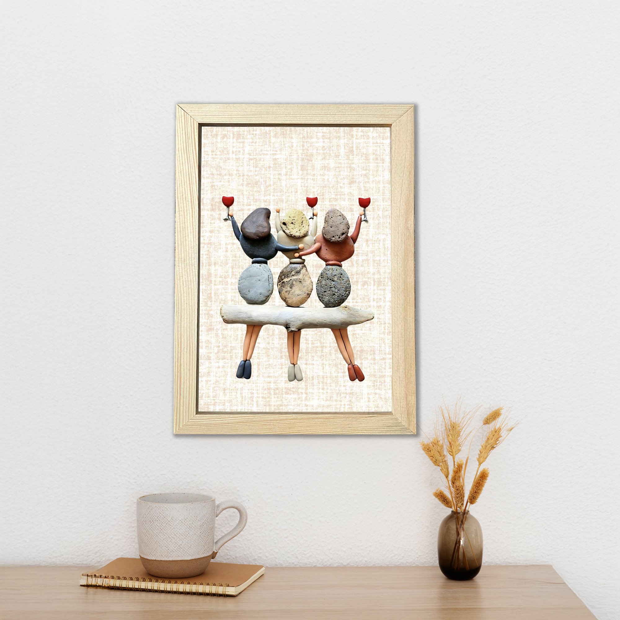 3 kadınlar taş sanatı tasarım ahşap çerçeveli poster