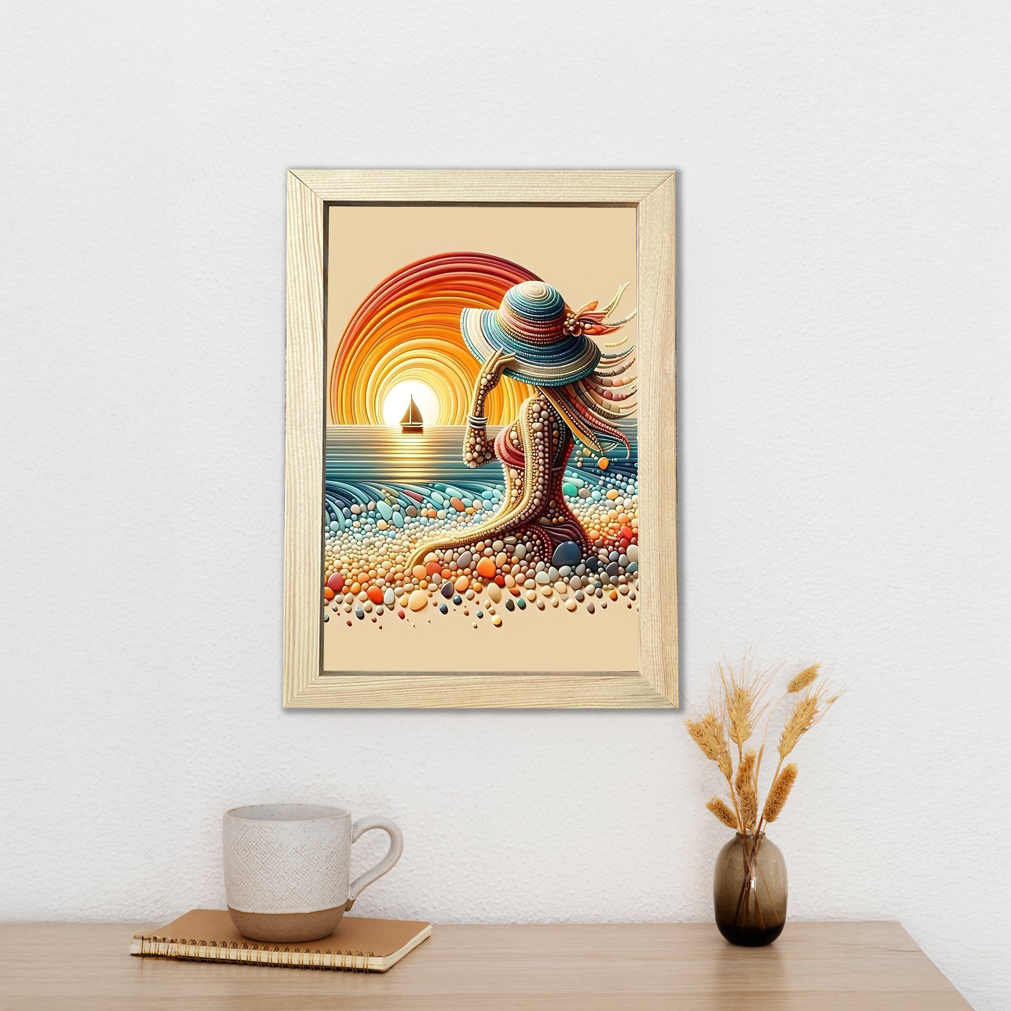 Plajdaki kadın kum taşları ahşap çerçeveli poster