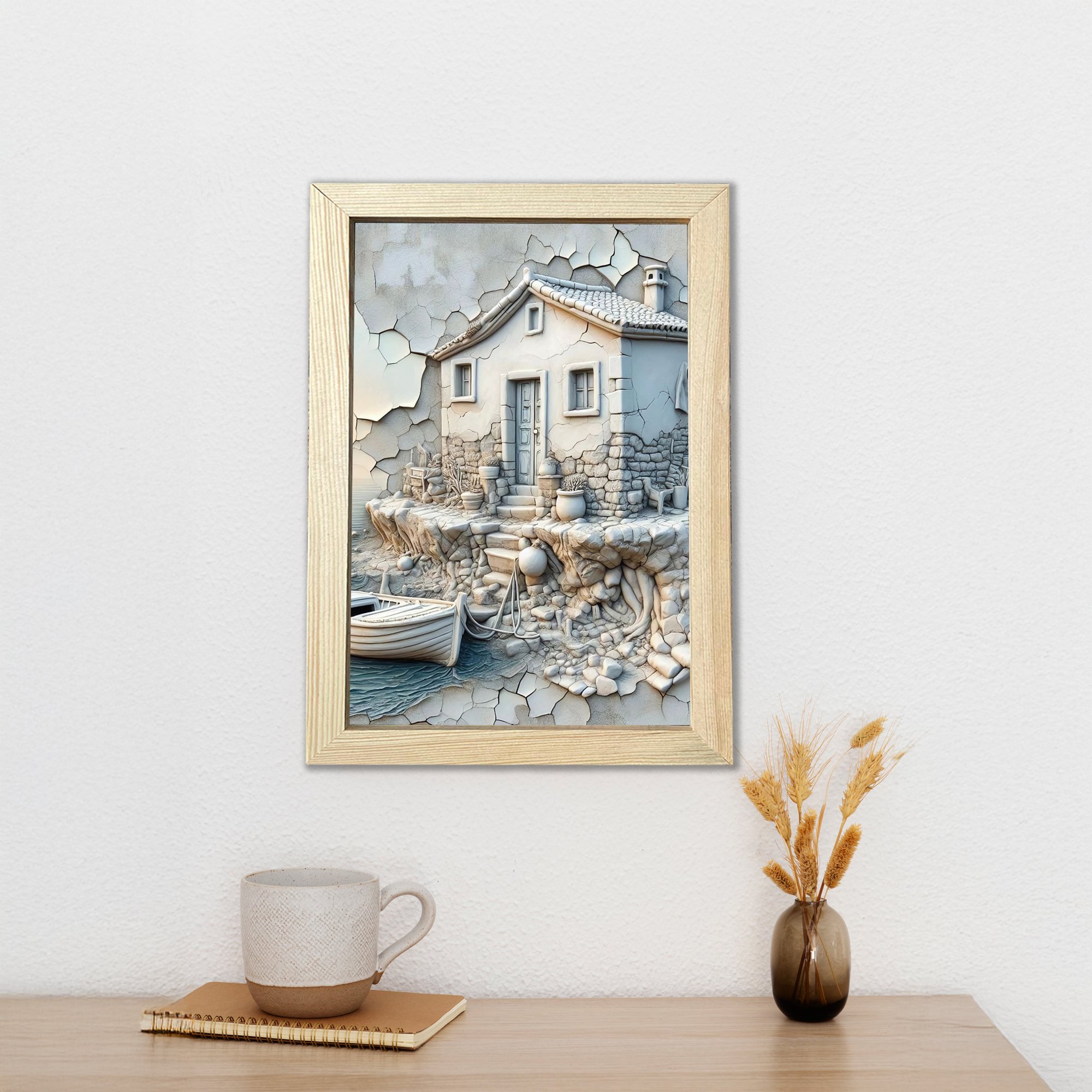 3D Taş Görünümlü Ev Ahşap Çerçeveli Poster
