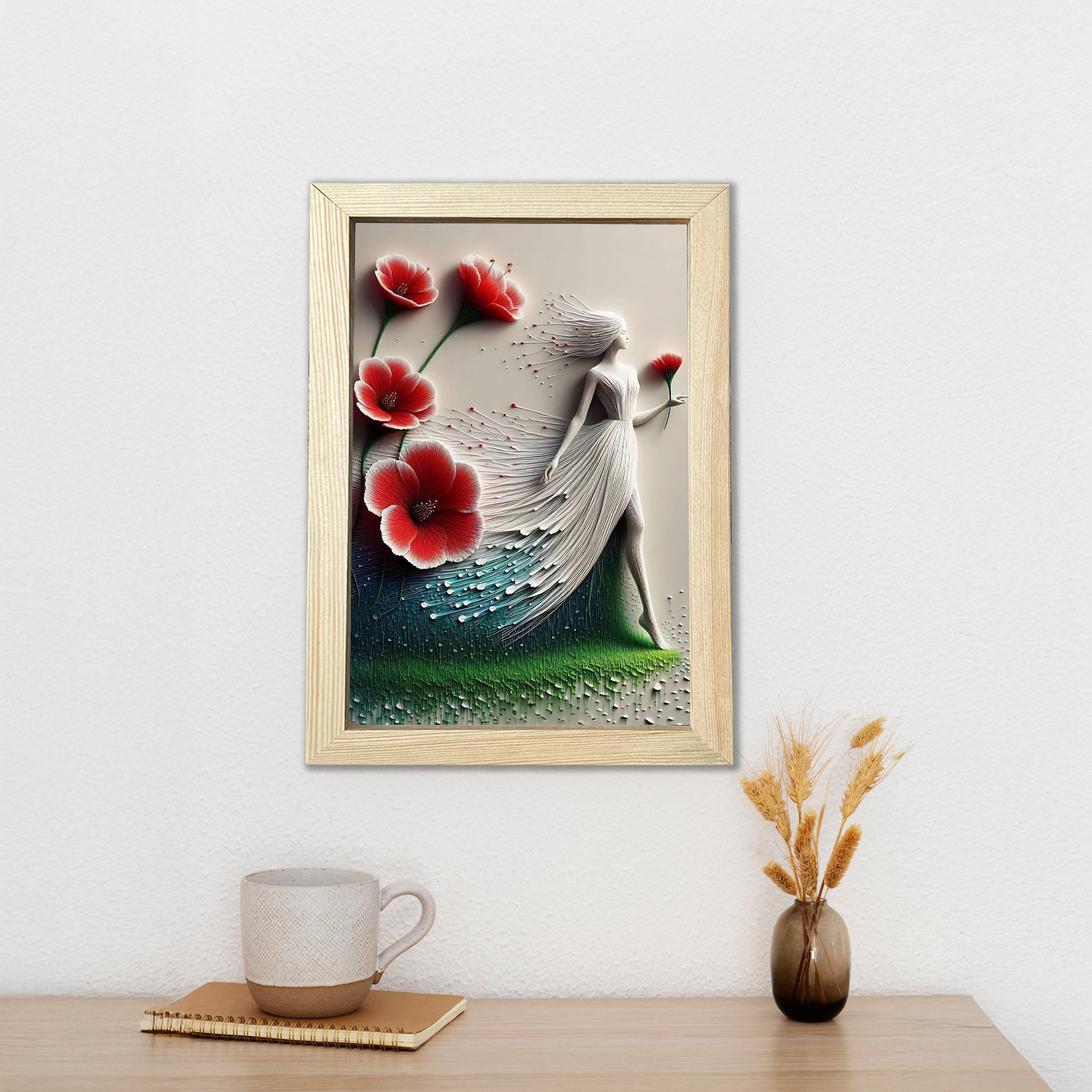 3D Gül ve Kadın Soyut Ahşap Çerçeveli Poster