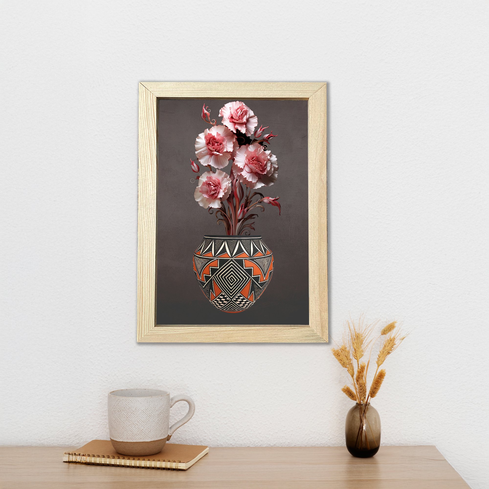 Renkli Çiçekler Vazoda Ahşap Çerçeveli Poster