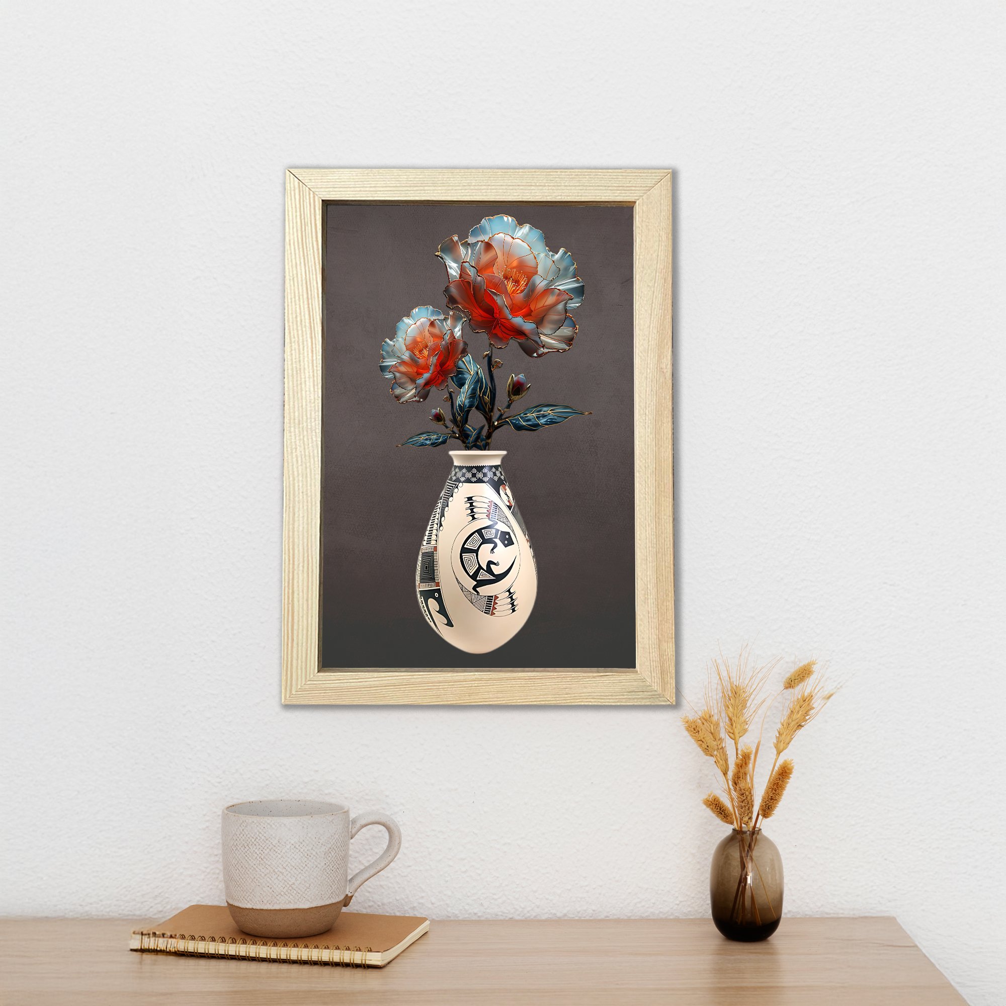 Renkli Çiçekler Vazoda Ahşap Çerçeveli Poster