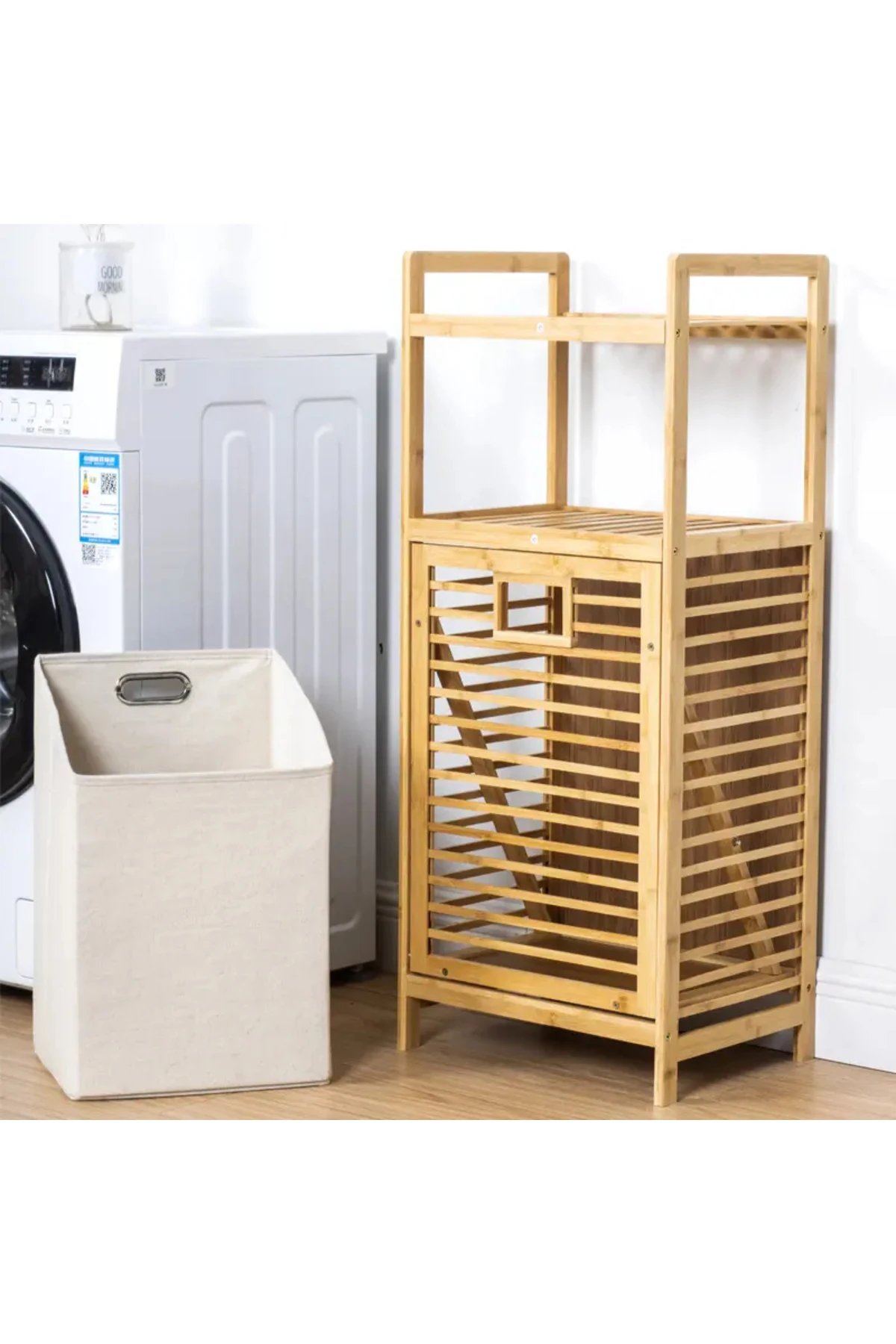 Bambu Kirli Sepetli 2 Raflı Çok Amaçlı Banyo Düzenleyici Çamaşır Sepeti Organizer