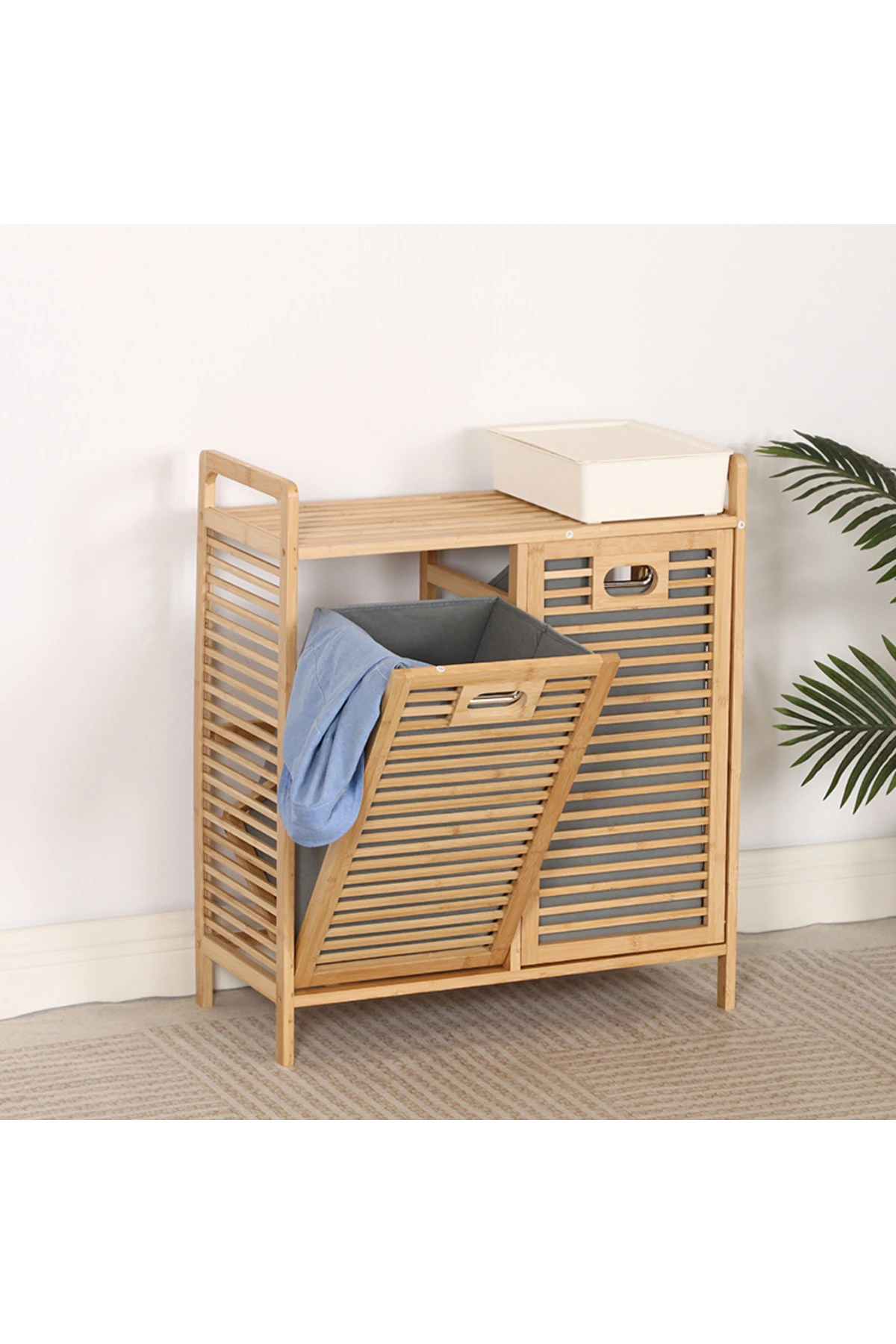 Bambu Kirli Sepeti 2 Bölmeli Çok Amaçlı Banyo Düzenleyici Çamaşır Sepeti Organizer