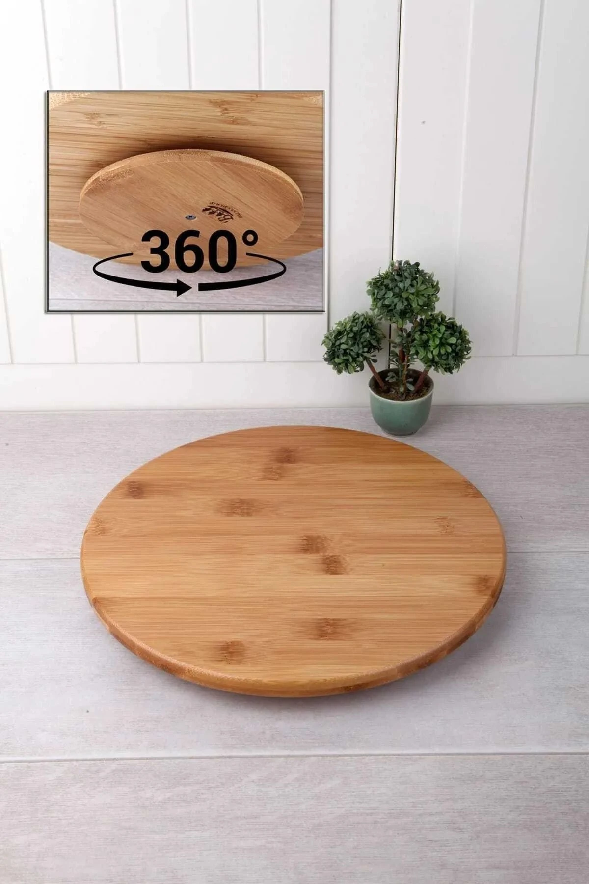 Bambu 360 Derece Dönen Yuvarlak Lüx Servis Sunum Tabağı Pizza Peynir Sunum Tahtası 31 Cm