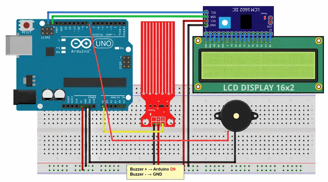 Arduino LCD Ekranlı Su Seviye Alarmı Devre Şeması