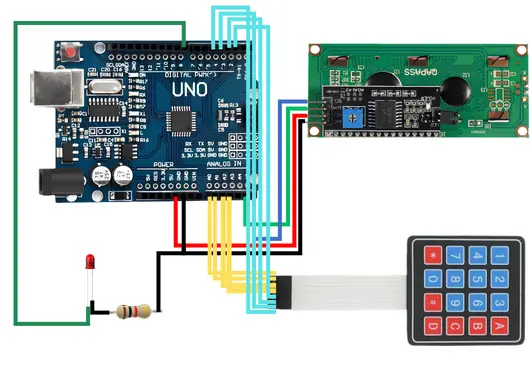 Arduino tuş takımı LED LCD devre bağlantı şeması